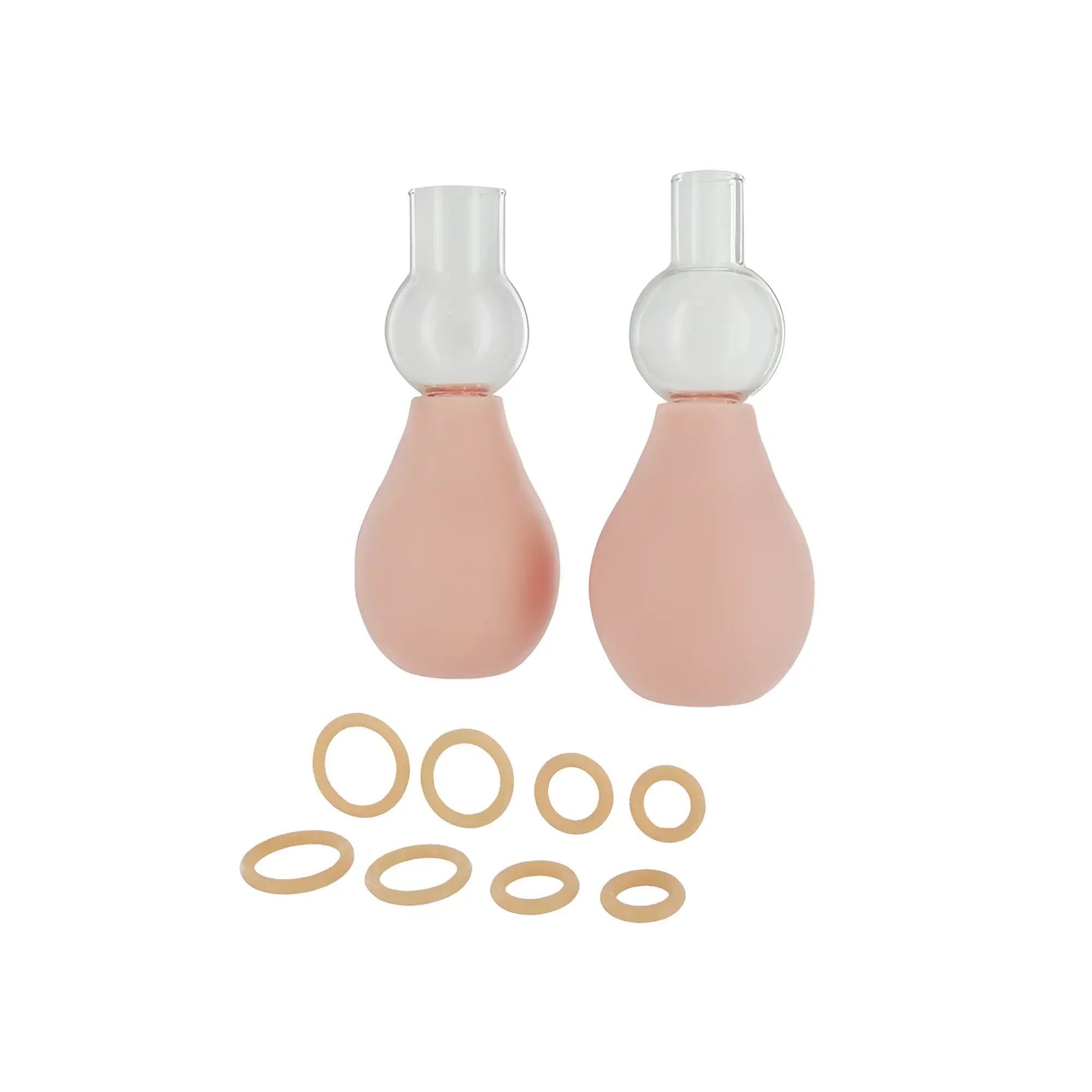 Size Matters Nipple Enlarger Kit with two pink pear-shaped silicone pumps and eight beige silicone rings.