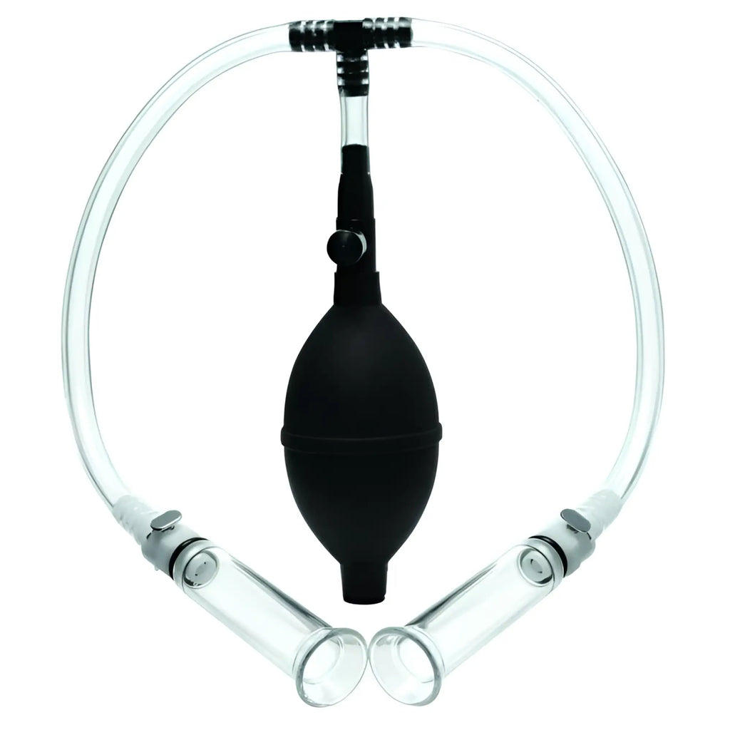 Size Matters Nipple Pumping System with a black hand pump connected by clear tubing to two clear acrylic cylinders.