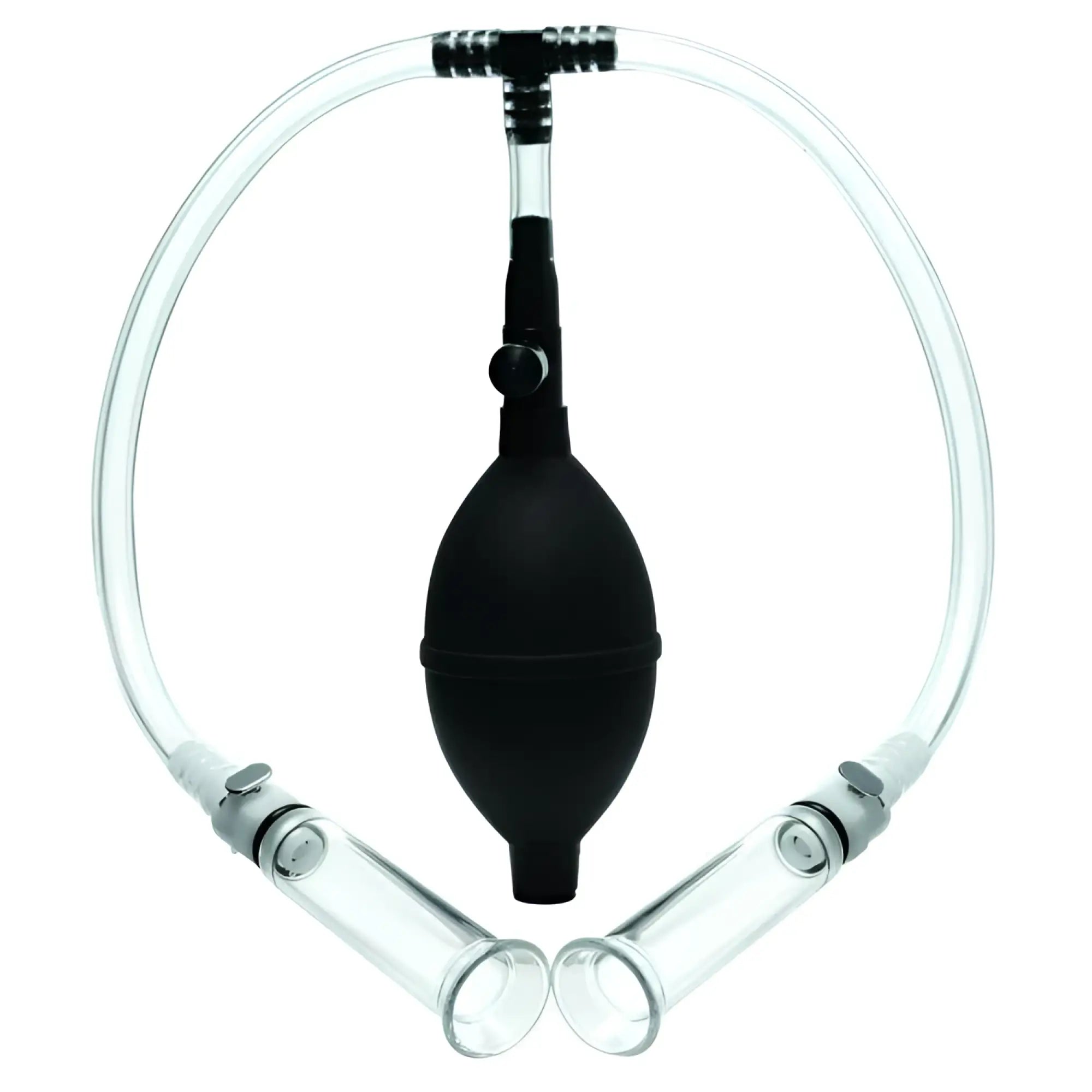 Size Matters Nipple Pumping System with a black hand pump connected by clear tubing to two clear acrylic cylinders.