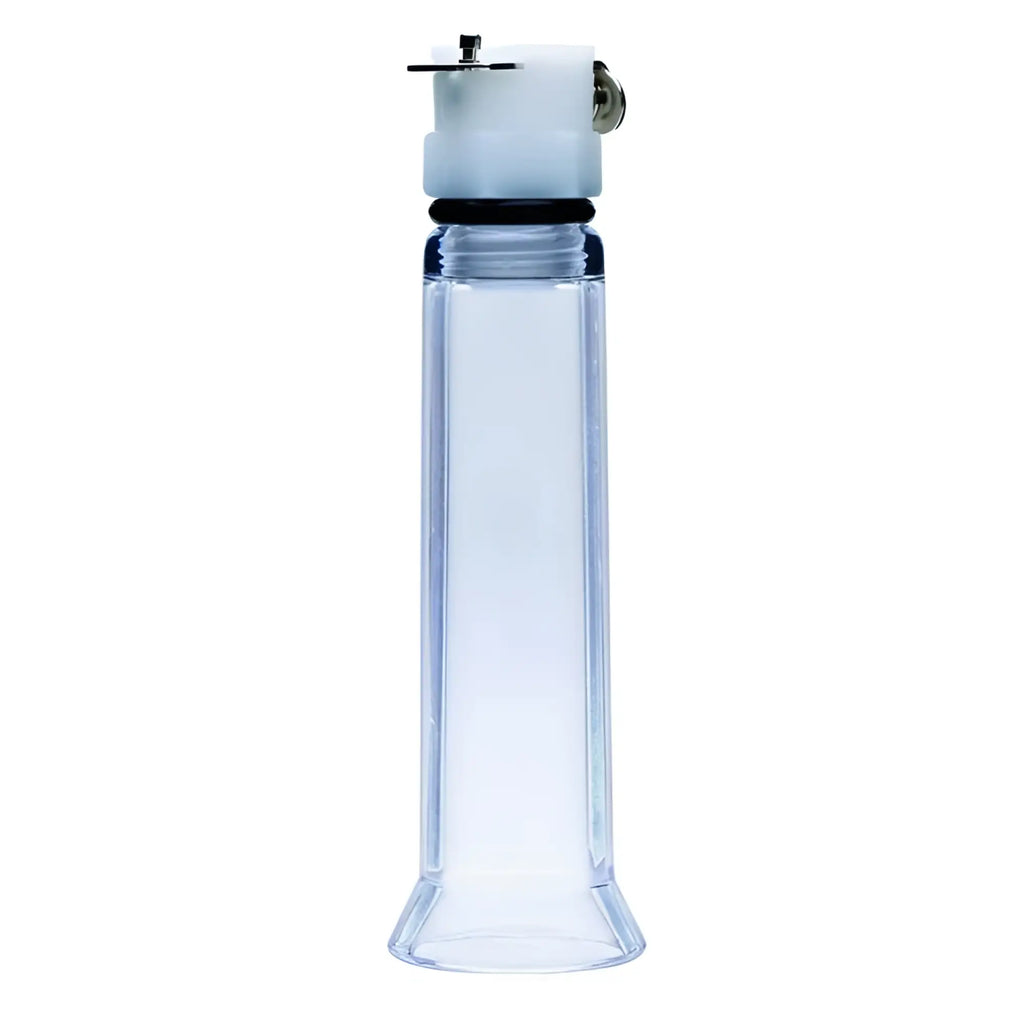 Size Matters nipple pumping system featuring a clear acrylic cylinder with a white nozzle and metal valve top.