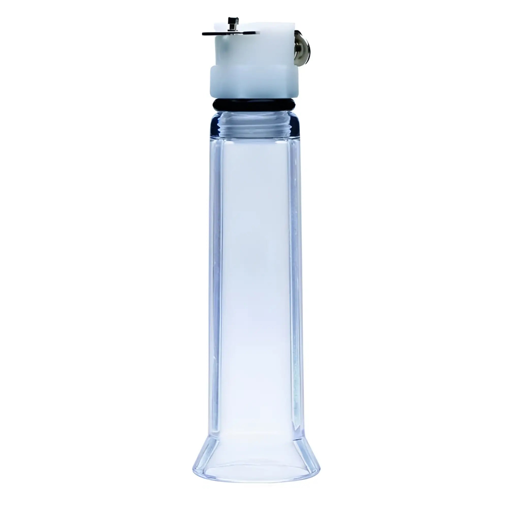 Size Matters nipple pumping system featuring a clear acrylic cylinder with a white nozzle and metal valve top.