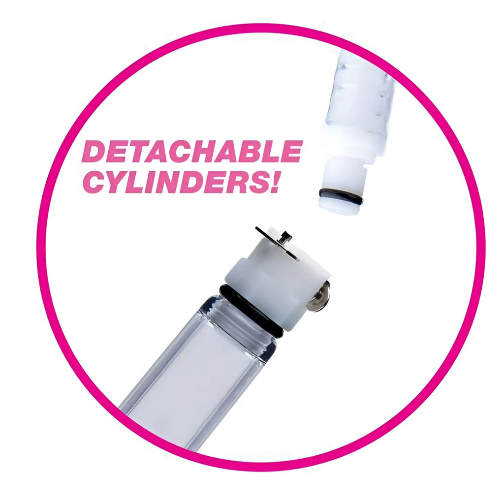 Size Matters Nipple Pumping System with clear, detachable acrylic cylinders and white connectors shown in a circle.