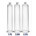 Three Size Matters clear plastic penis pump cylinders of varying widths (1.75, 2.00, 2.25 inches) against a white background.