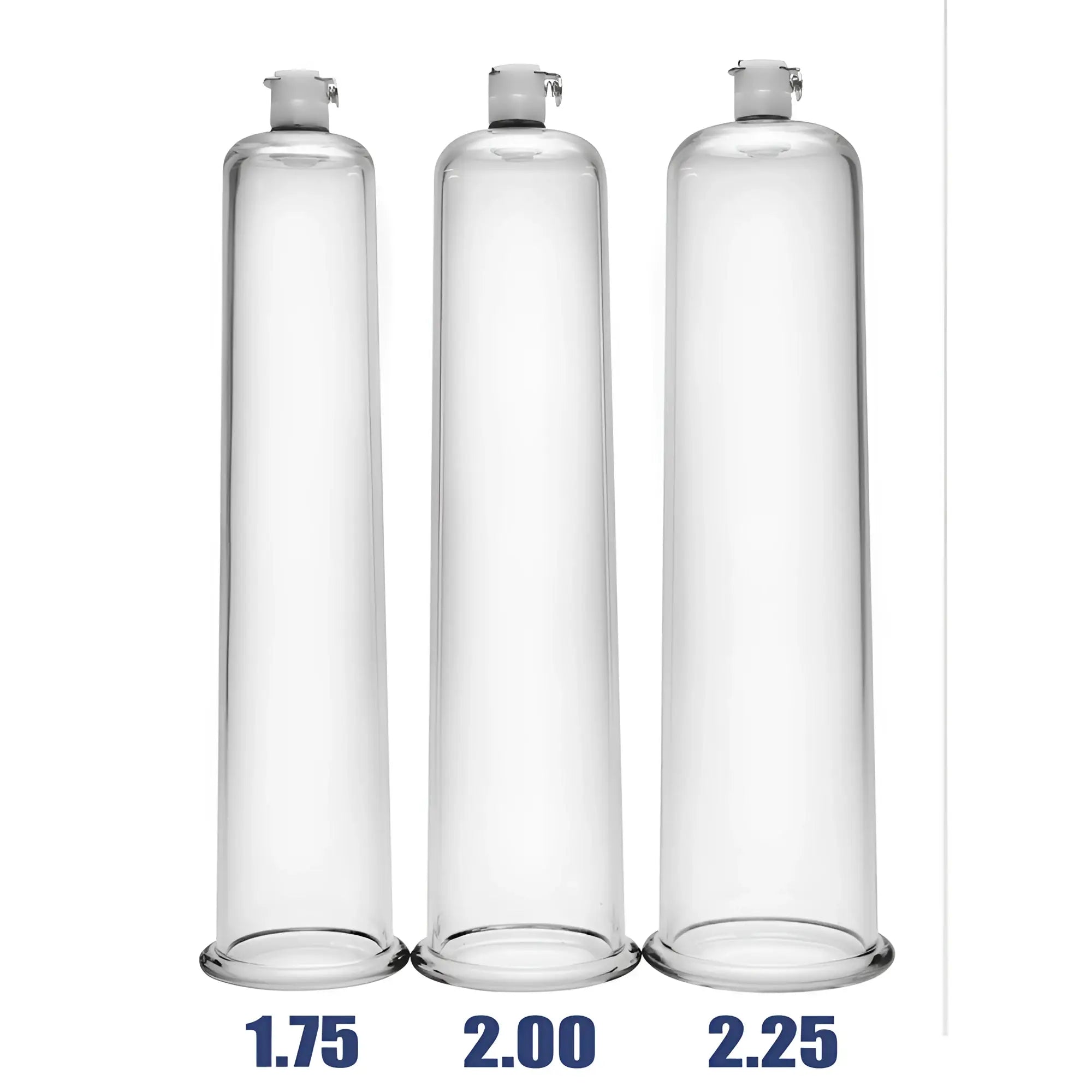 Three Size Matters clear plastic penis pump cylinders of varying widths (1.75, 2.00, 2.25 inches) against a white background.
