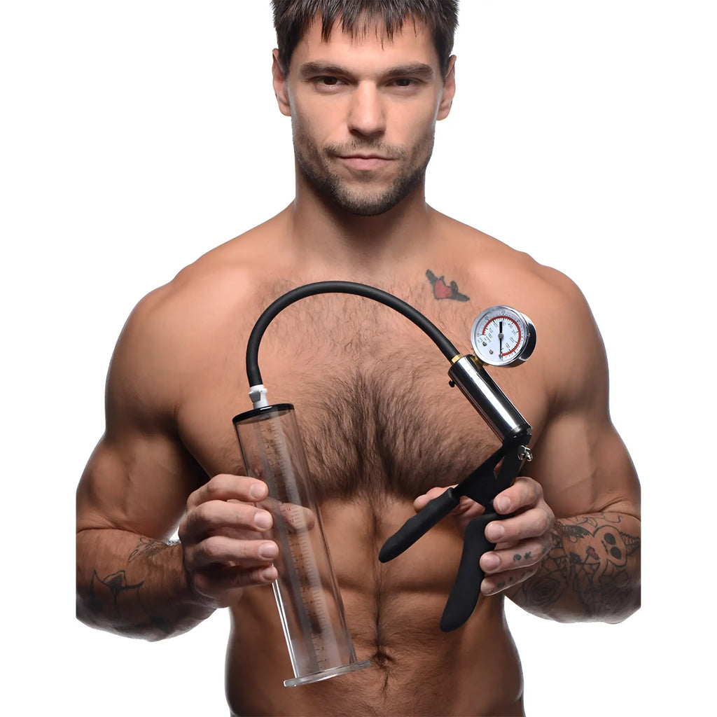 Size Matters Penis Pump Kit with 2-inch clear graduated cylinder, black hand pump, and analog pressure gauge.