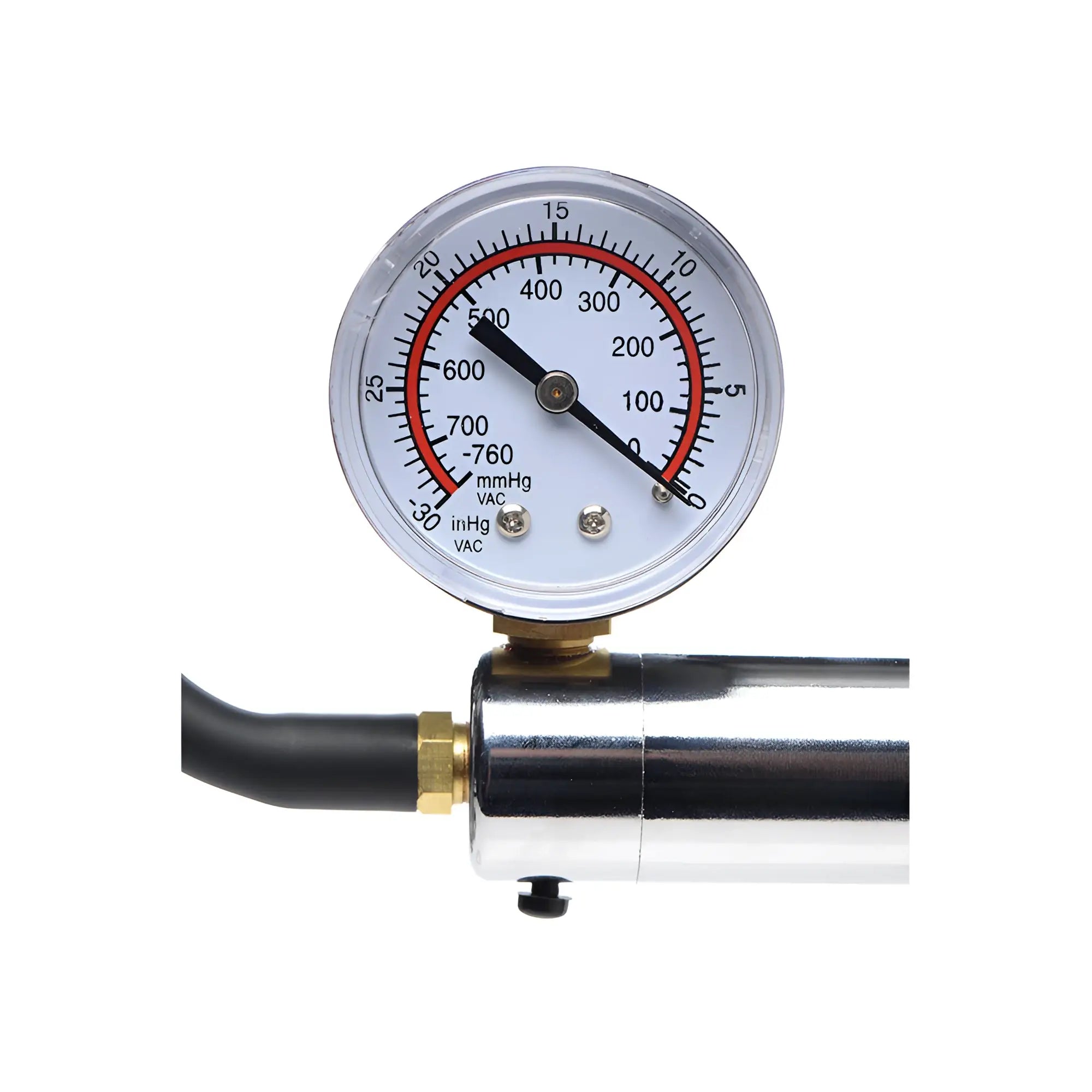 Size Matters Penis Pump Kit: A close-up of a silver metal cylinder with a circular analog pressure gauge attached.