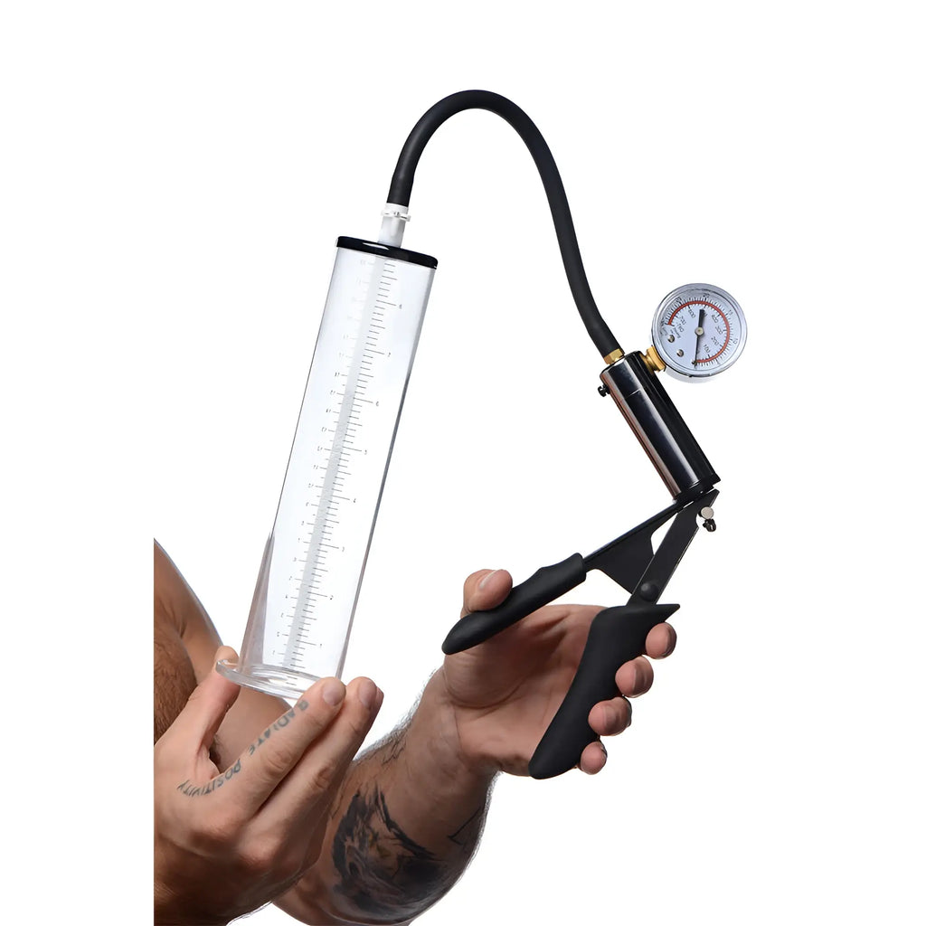 Size Matters Penis Pump Kit: A clear 2-inch cylinder with measurement markings attached to a black manual hand pump.