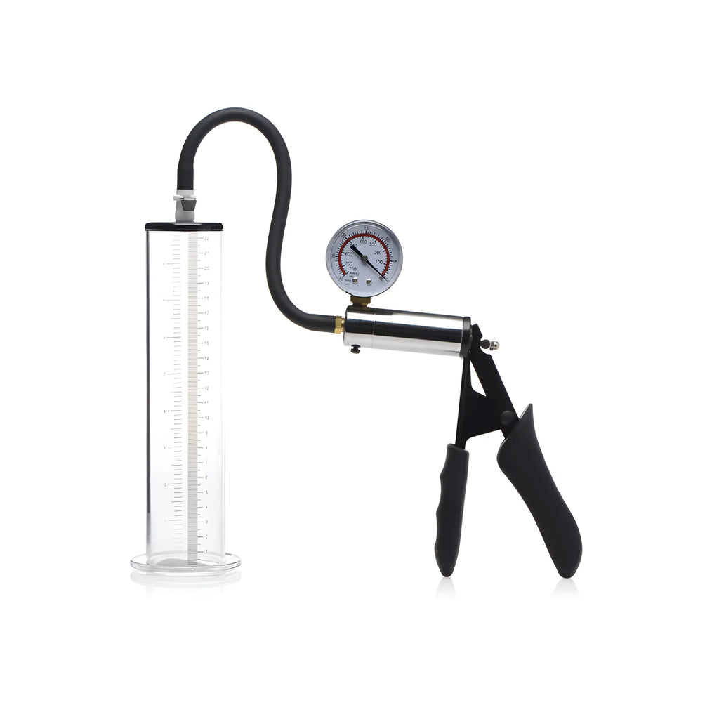 Size Matters Penis Pump Kit with clear 2-inch cylinder, black hose, pressure gauge, and manual trigger pump.