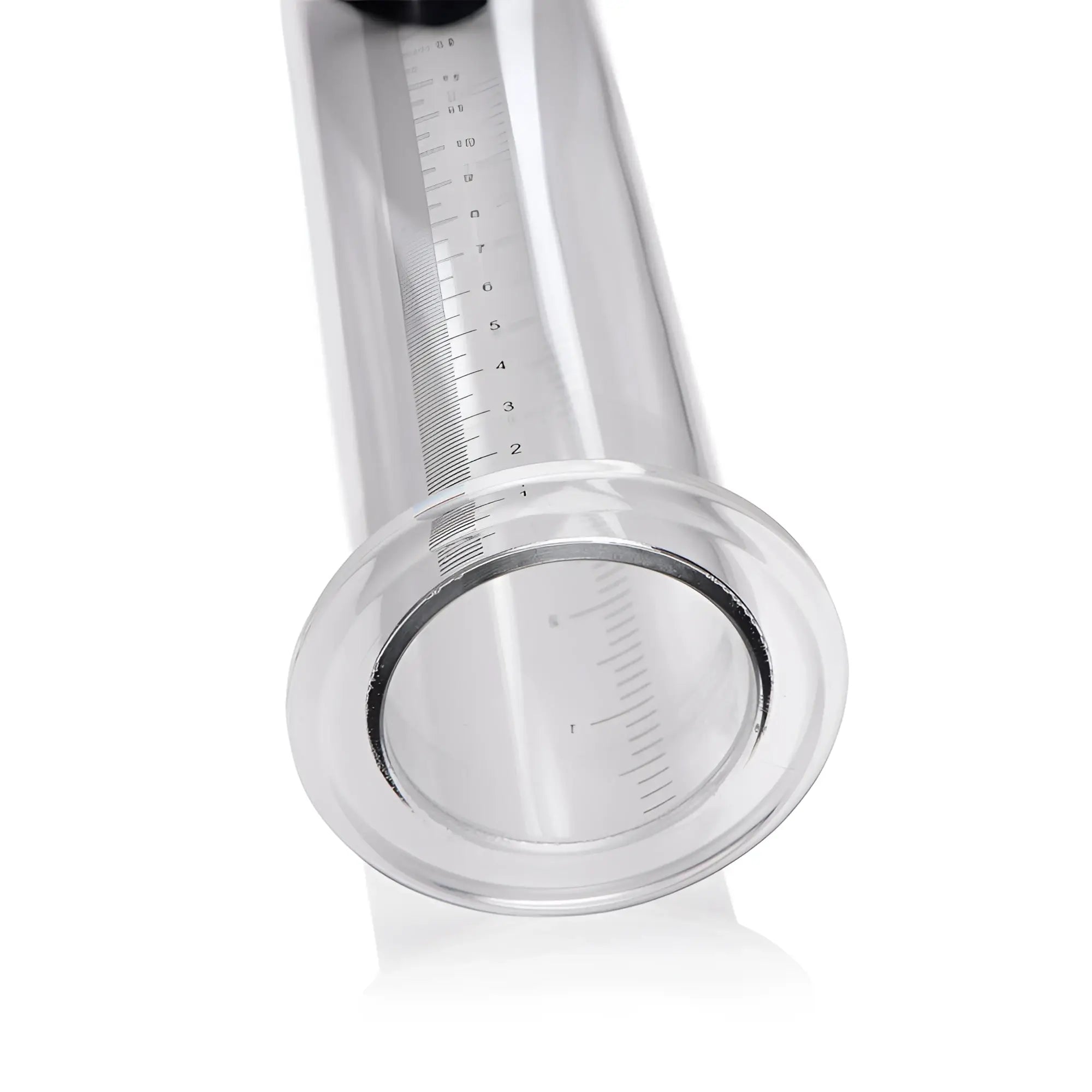 Size Matters 2-inch clear acrylic cylinder for penis pump with printed measurement scale on white background.