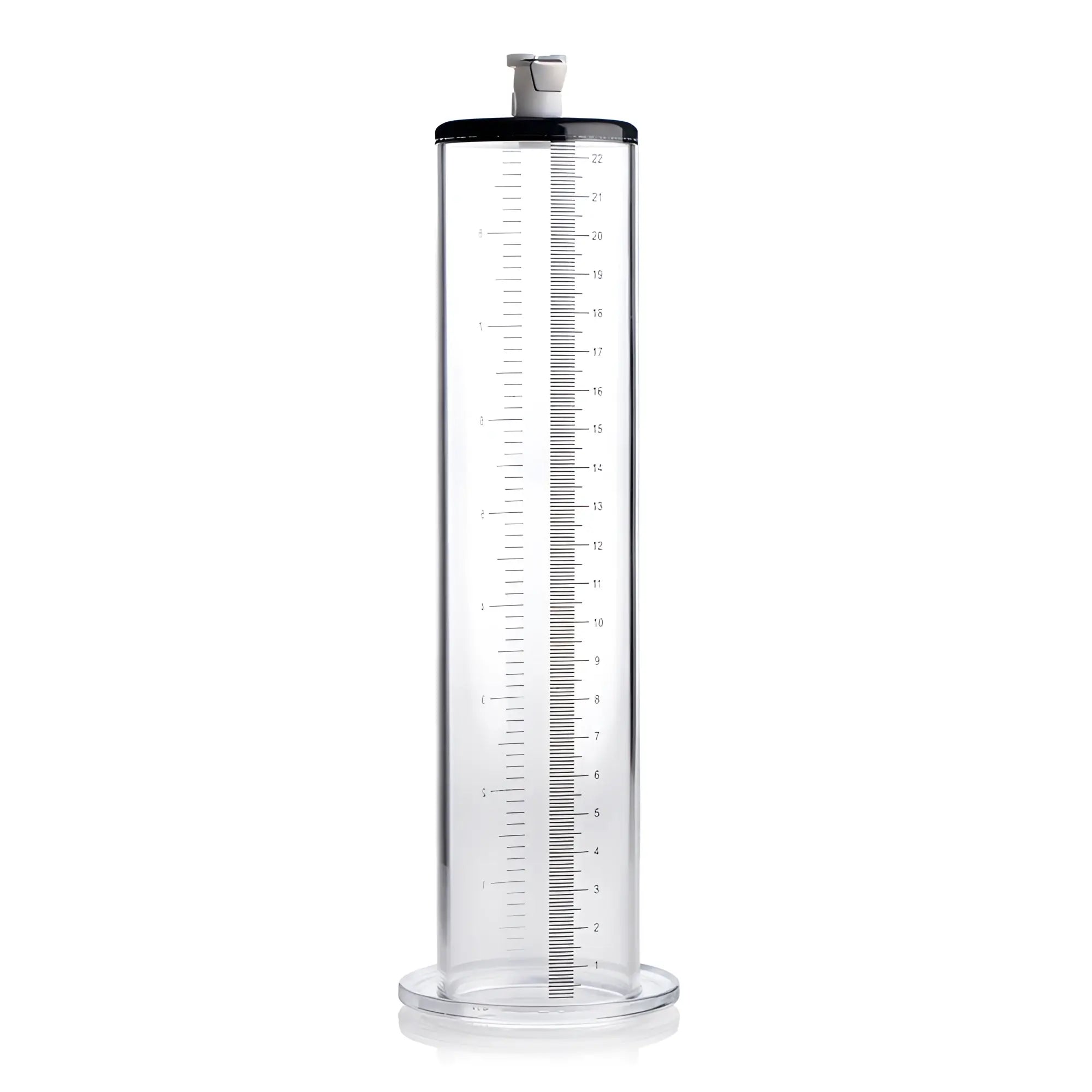 Size Matters 2-inch clear acrylic cylinder with black cap, valve, and integrated measurement markings.