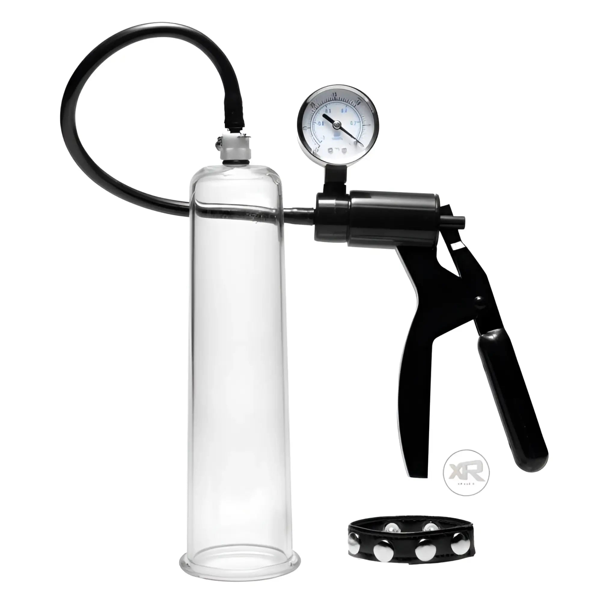 Size Matters Premium Penis Pump Set: clear cylinder, black manual trigger pump with pressure gauge, and stud ring.