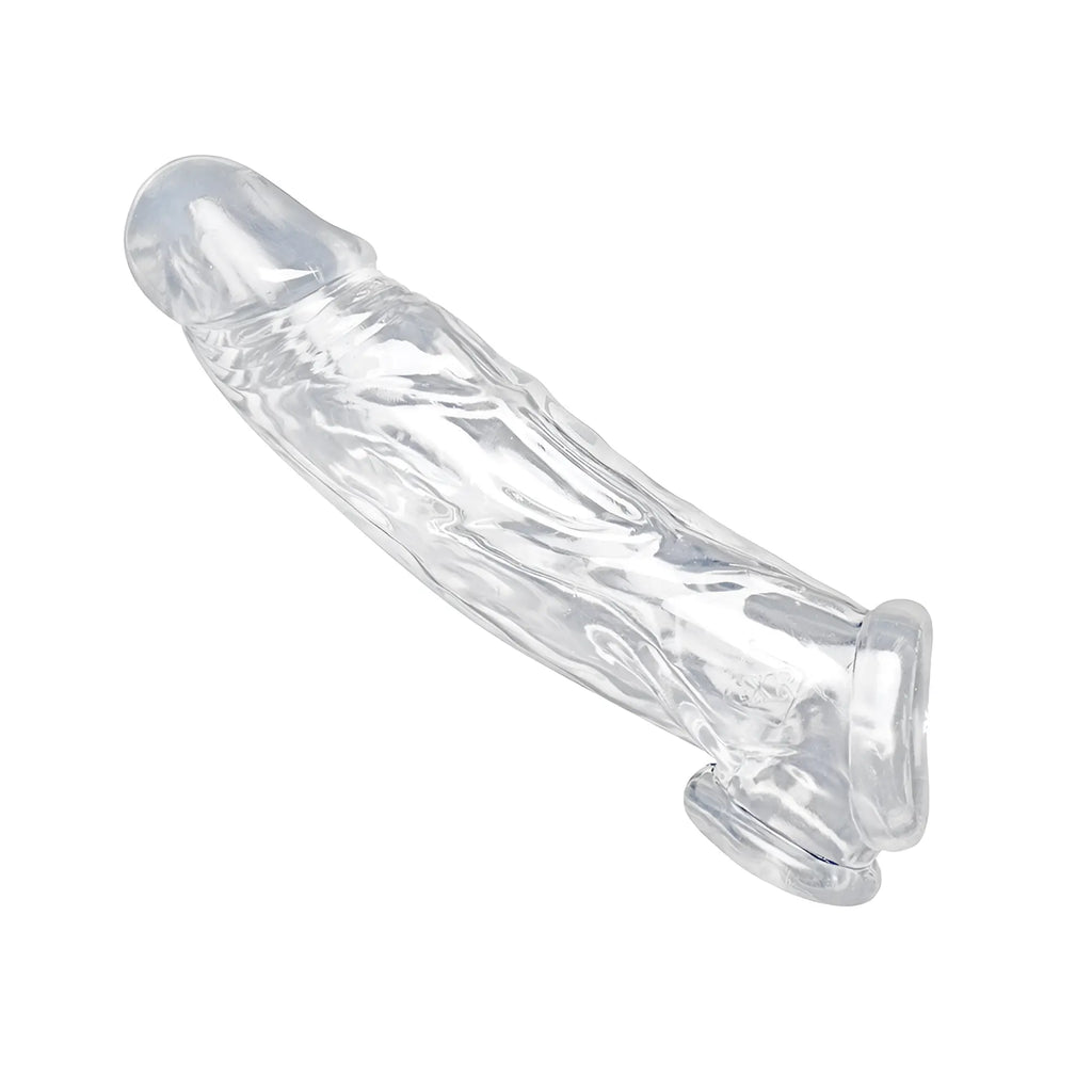 Size Matters Realistic Clear Penis Enhancer and Ball Stretcher, a textured, transparent silicone sleeve.