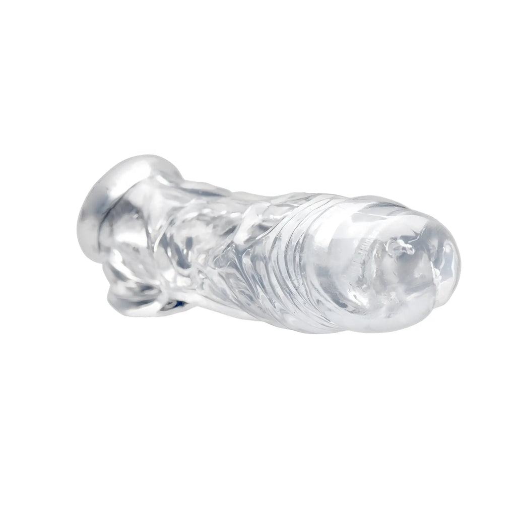 Size Matters clear, realistic silicone penis enhancer and ball stretcher with a textured, detailed surface.