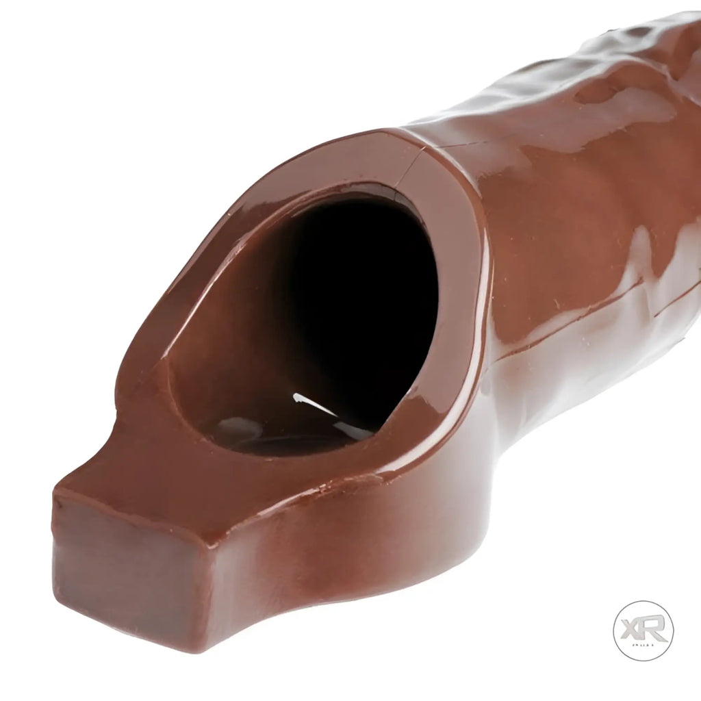 Size Matters Really Ample brown silicone penis enhancer showing the open-ended design and textured exterior.