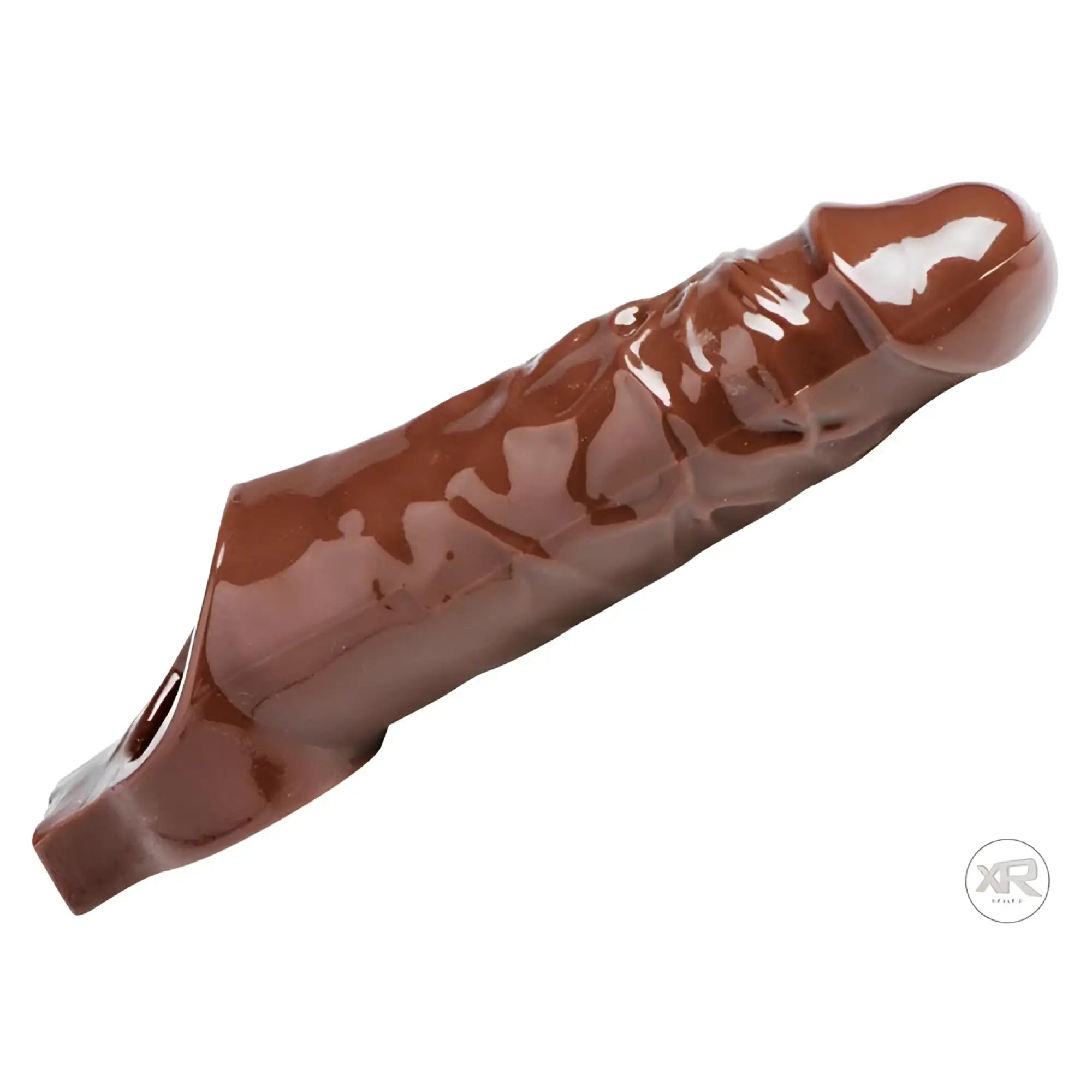 Size Matters Really Ample penis enhancer: a realistic, glossy brown, textured silicone sleeve on a white background.