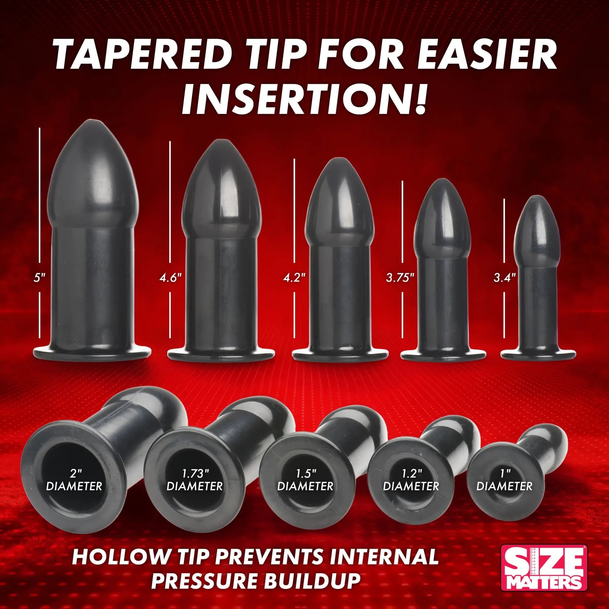 Size Matters Rectal Dilator Training Kit: Five black, tapered, hollow-tip dilators of increasing sizes on a red background.