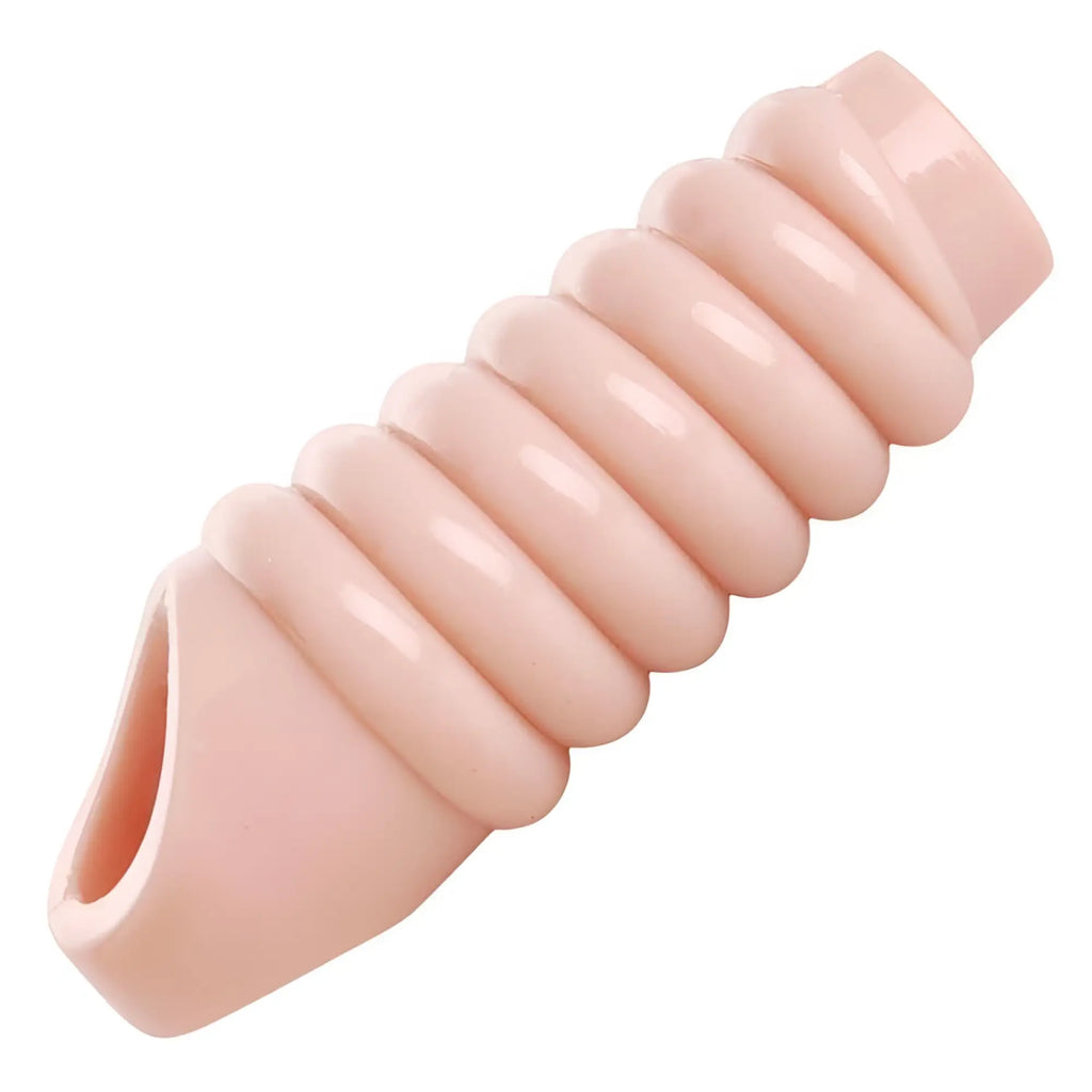 Size Matters ribbed penis enhancer sheath in pale pink, featuring a flexible, textured cylindrical design.