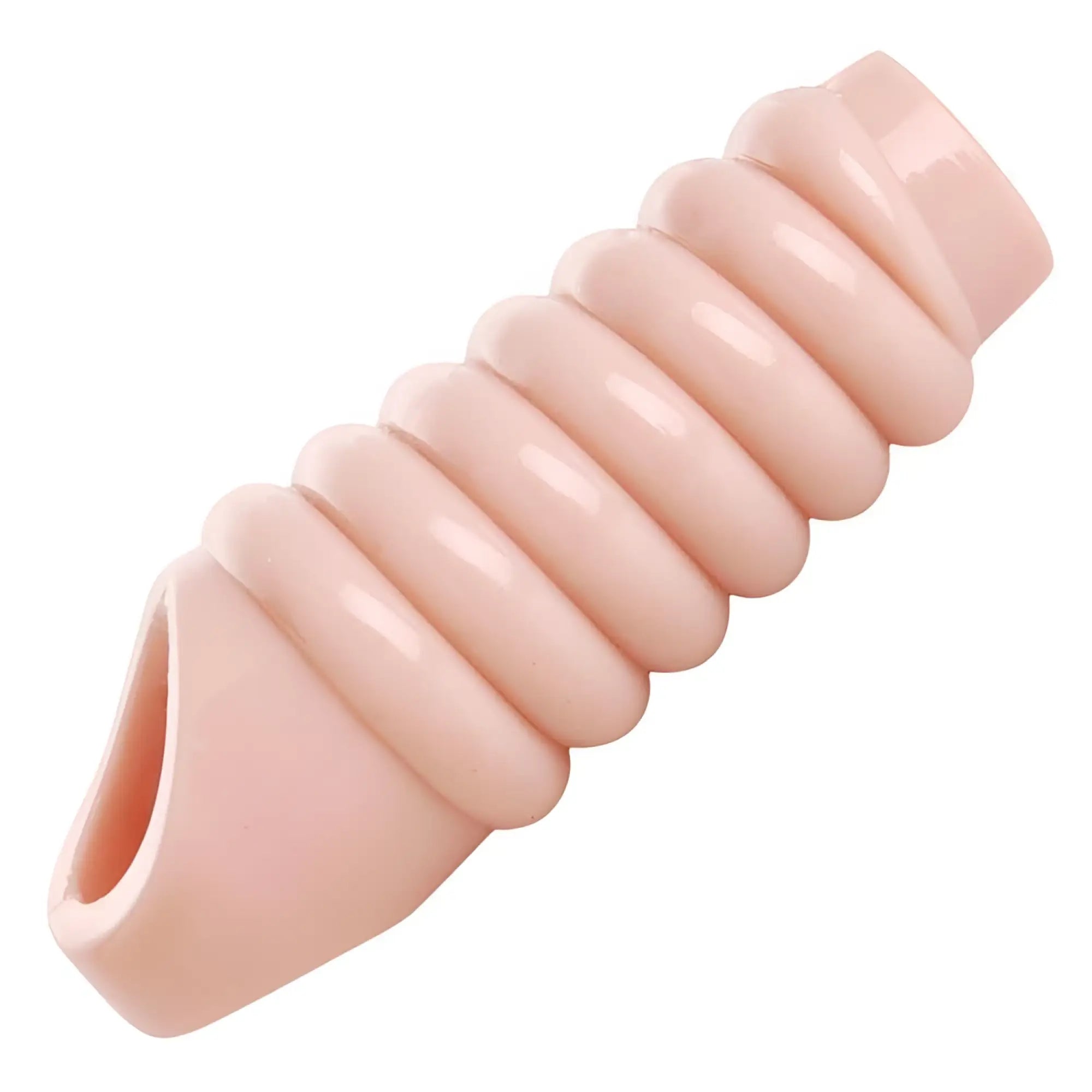 Size Matters ribbed penis enhancer sheath in pale pink, featuring a flexible, textured cylindrical design.