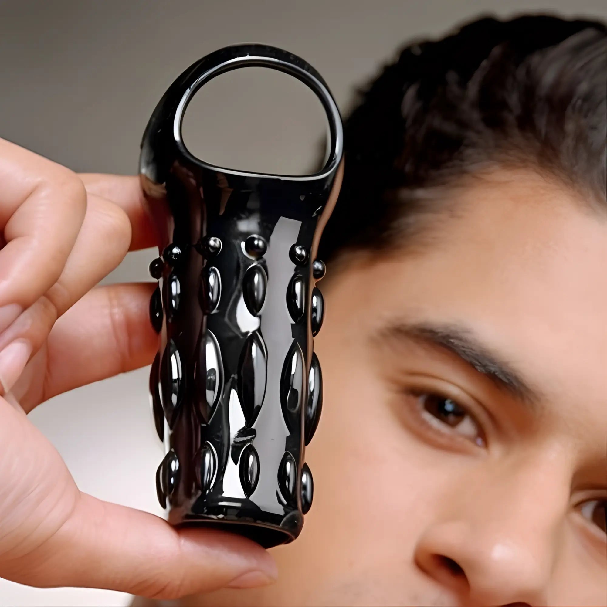 A hand holds the black, textured Size Matters Sheath Sensations Enhancer Sleeve with raised stud details.