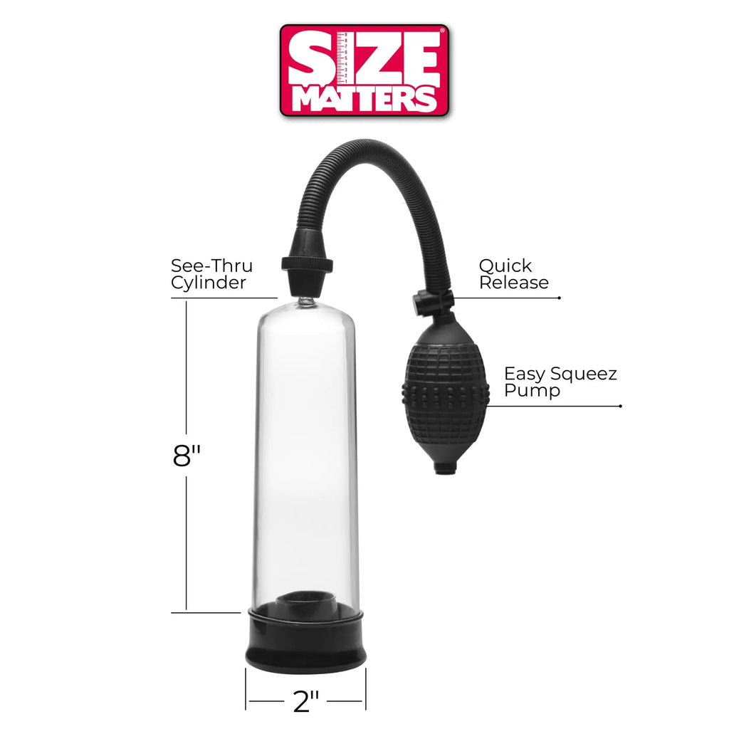 Size Matters SMP Beginner Penis Pump: A clear 8-inch cylinder with a black base and a black hand-squeeze air pump.