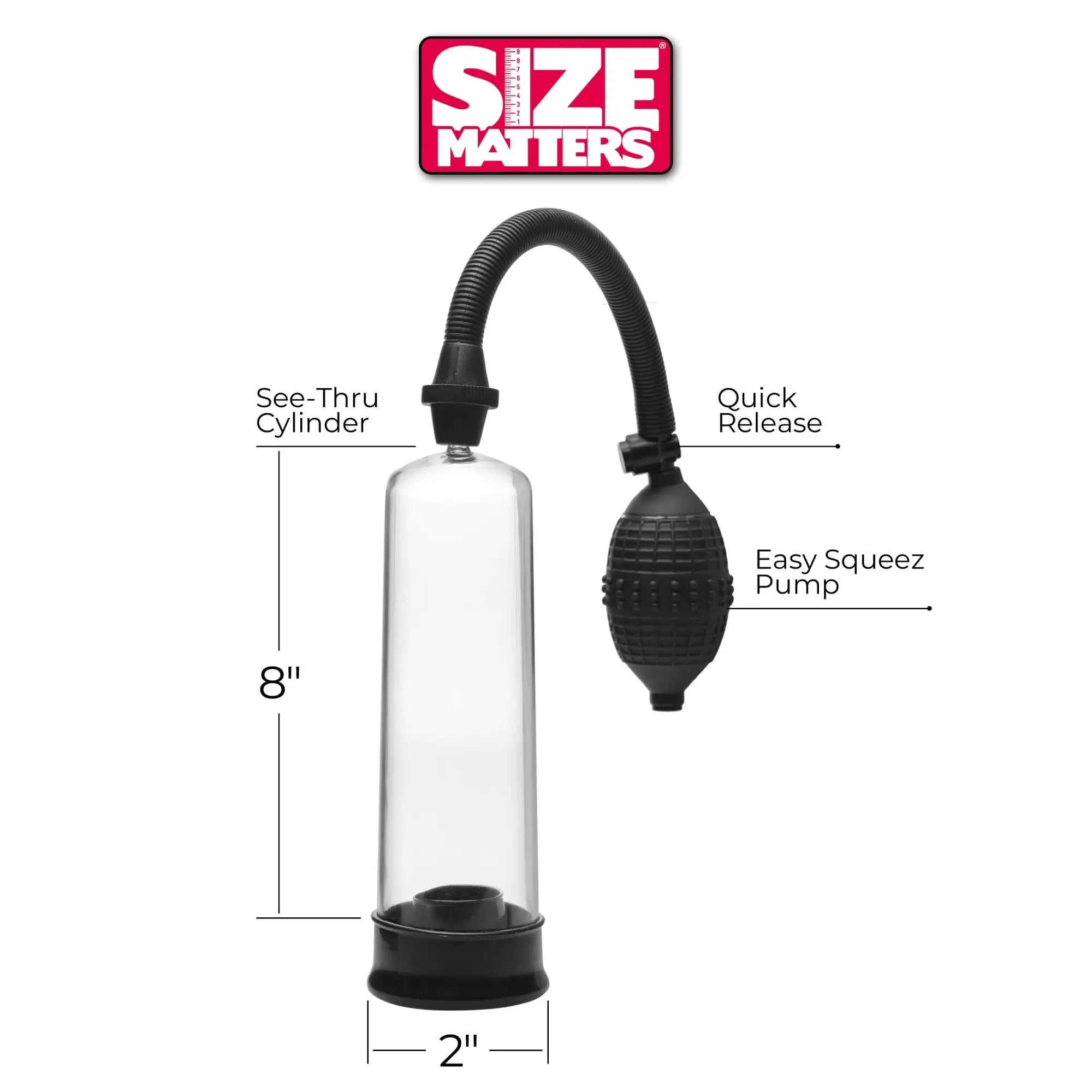 Size Matters SMP Beginner Penis Pump: A clear 8-inch cylinder with a black base and a black hand-squeeze air pump.
