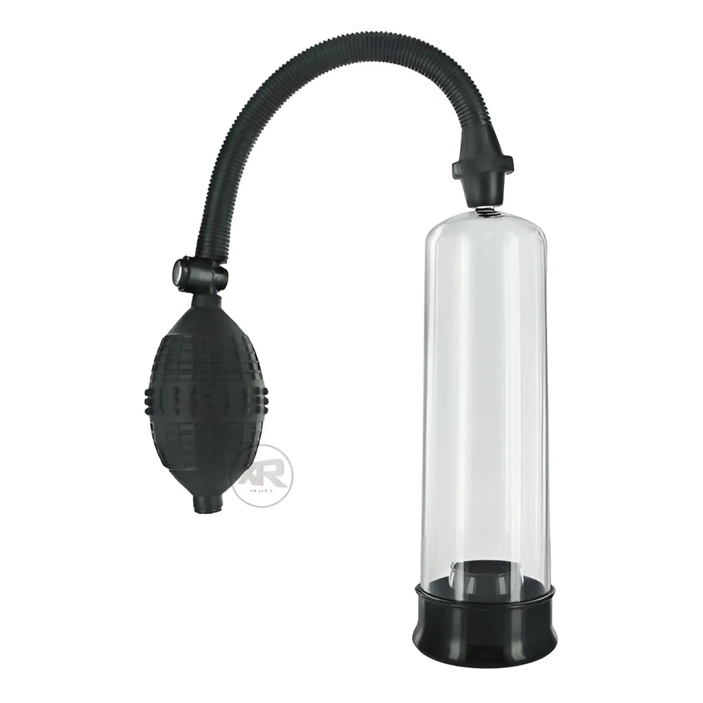 Size Matters SMP Beginner Penis Pump featuring a clear cylinder, black base, and a black hand-pump bulb with air hose.