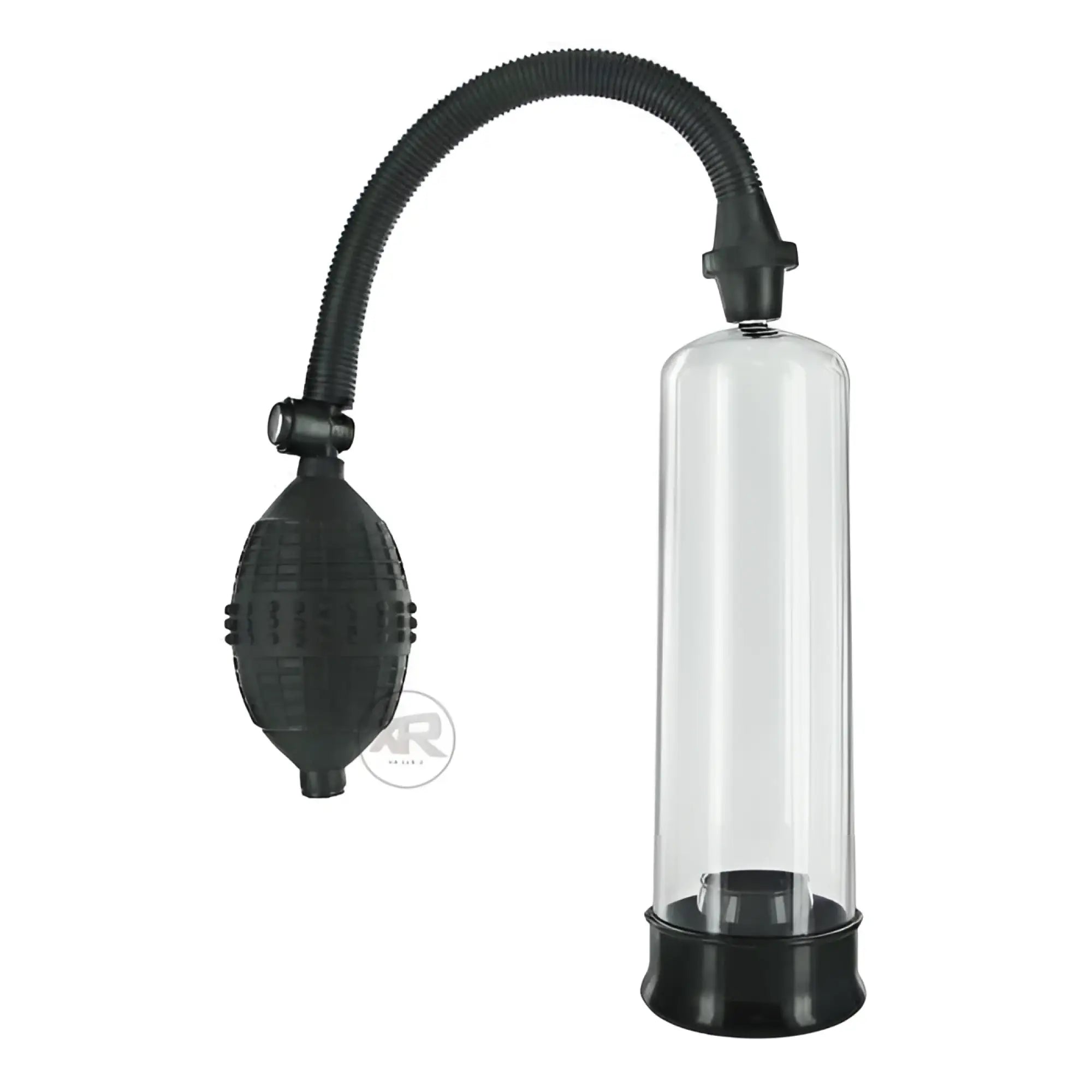 Size Matters SMP Beginner Penis Pump featuring a clear cylinder, black base, and a black hand-pump bulb with air hose.