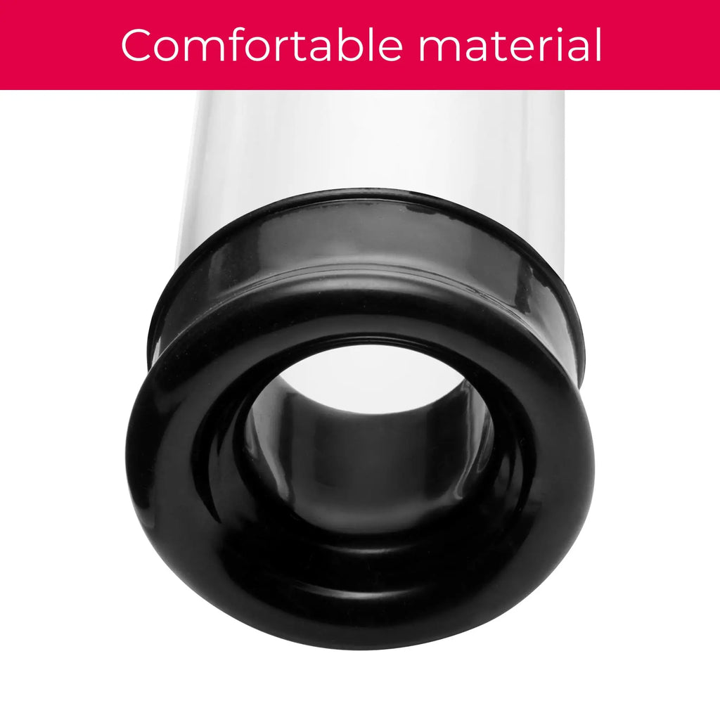 Close-up of the Size Matters SMP Beginner Penis Pump featuring a clear cylinder and a flexible black silicone base.