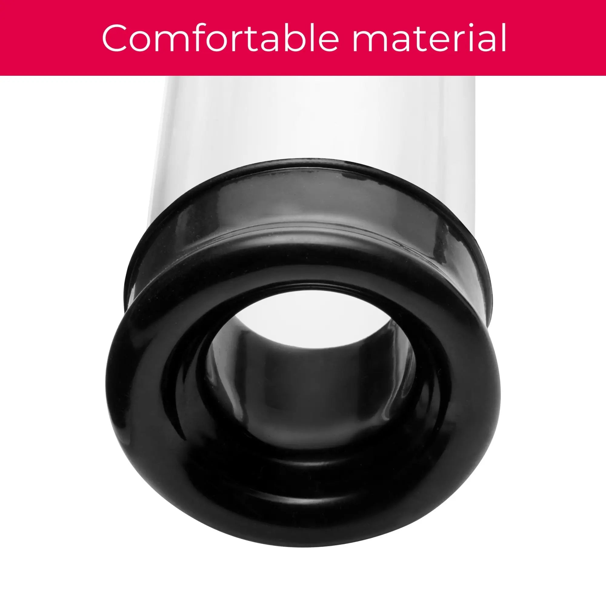 Close-up of the Size Matters SMP Beginner Penis Pump featuring a clear cylinder and a flexible black silicone base.
