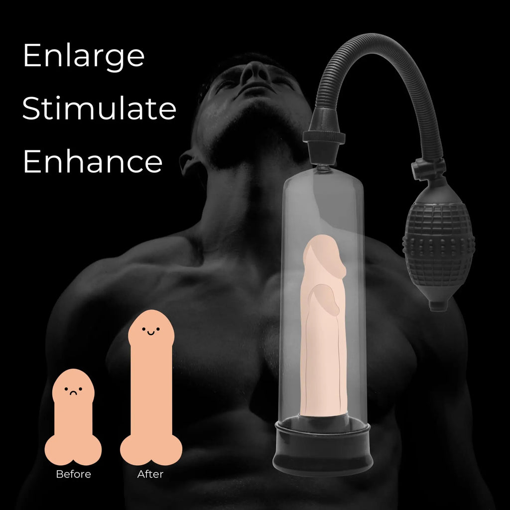 Size Matters SMP Beginner Penis Pump: clear cylinder with black bulb and hose, featuring before/after growth graphics.
