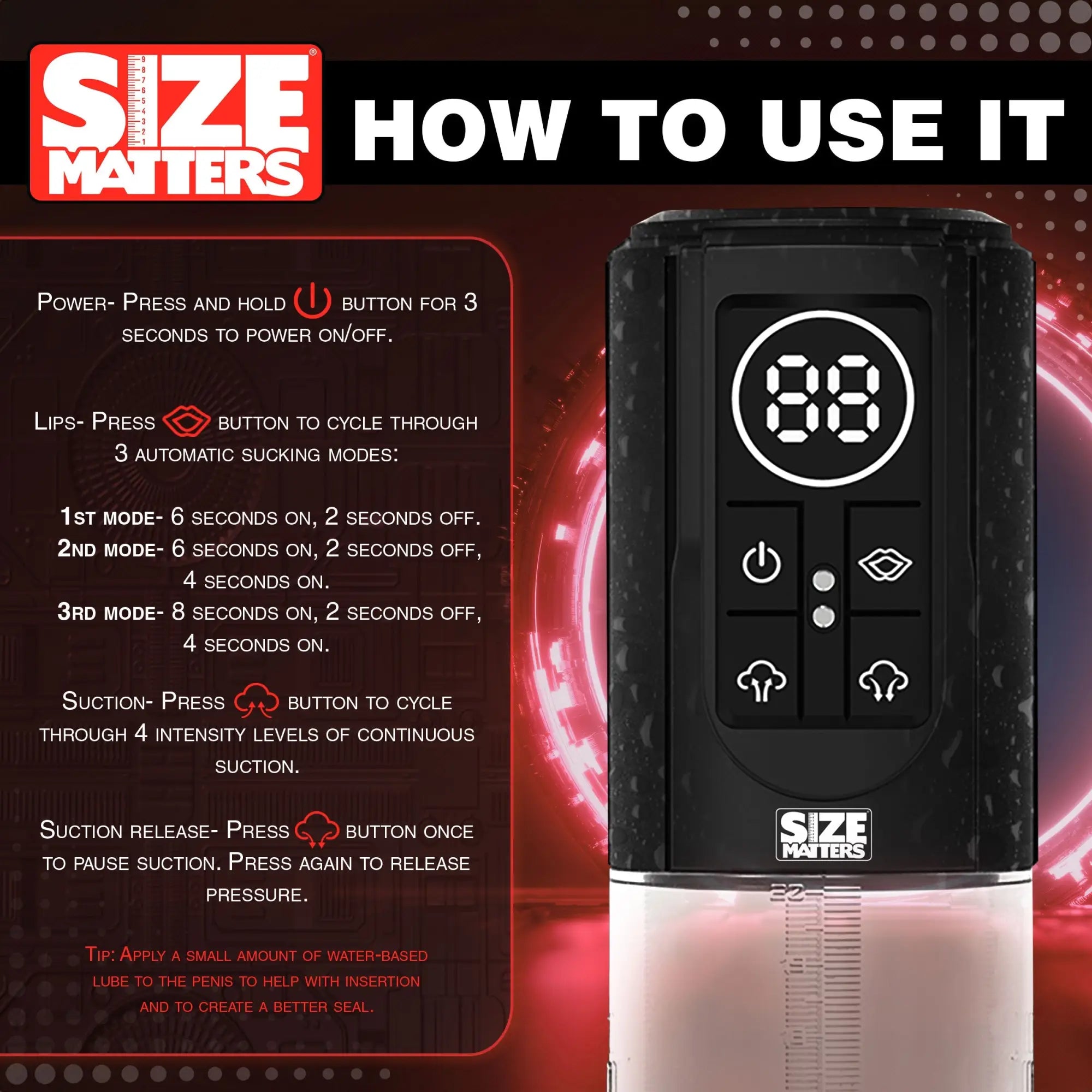 Size Matters digital penis pump featuring a black control panel with a display, buttons, and clear measurement cylinder.
