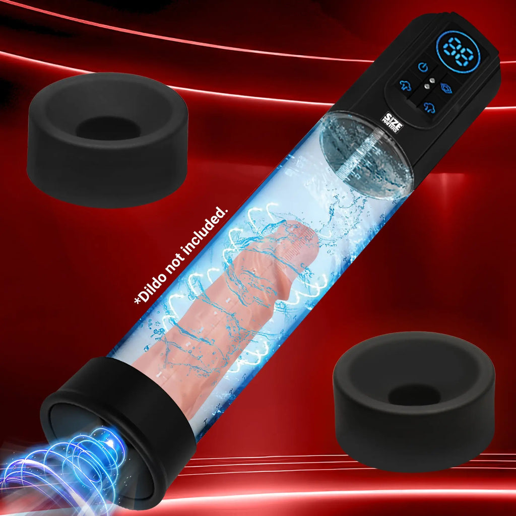 Size Matters Sucking Penis Pump with black digital controller, clear tube, two black silicone rings, on red background.