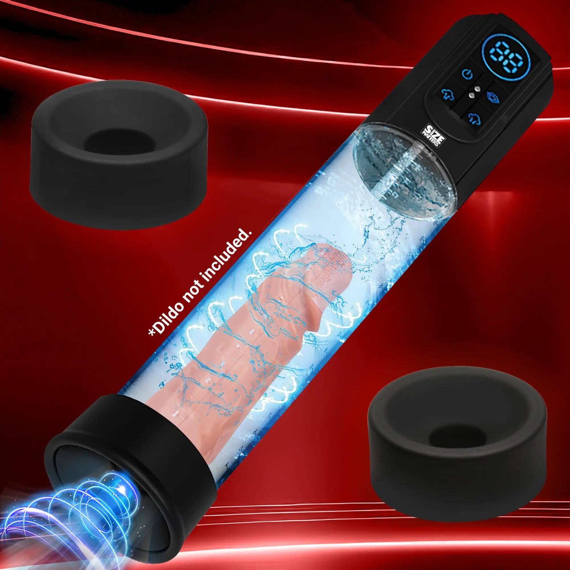 Size Matters Sucking Penis Pump with black digital controller, clear tube, two black silicone rings, on red background.
