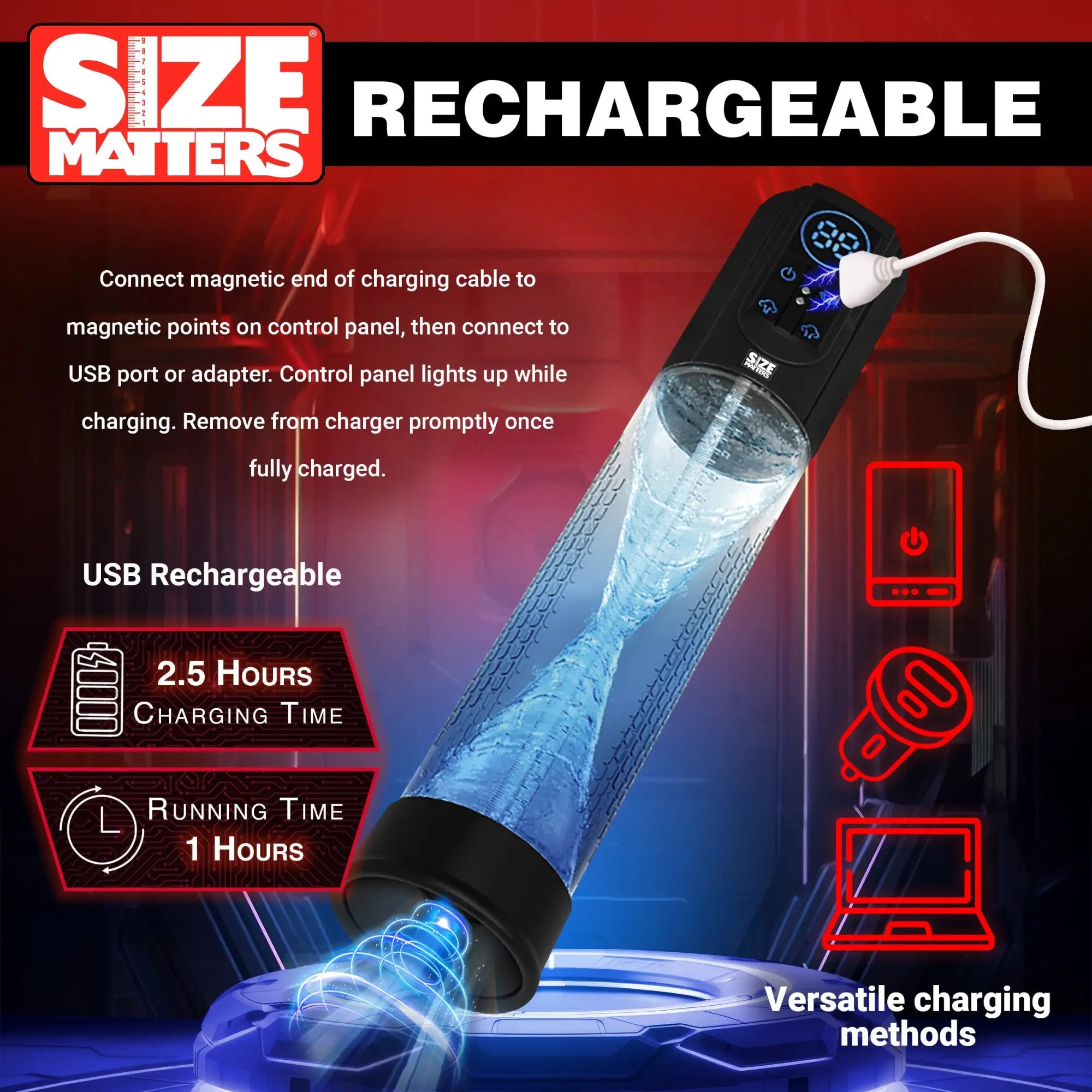Size Matters sucking penis pump with a clear tube, black base, digital display, and magnetic USB charging cable.