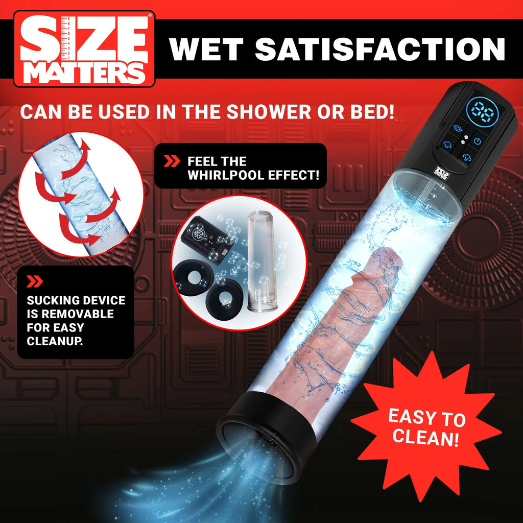 Size Matters Penis Pump with digital display, clear cylinder, black base, and water-swirl effect for shower or bed use.