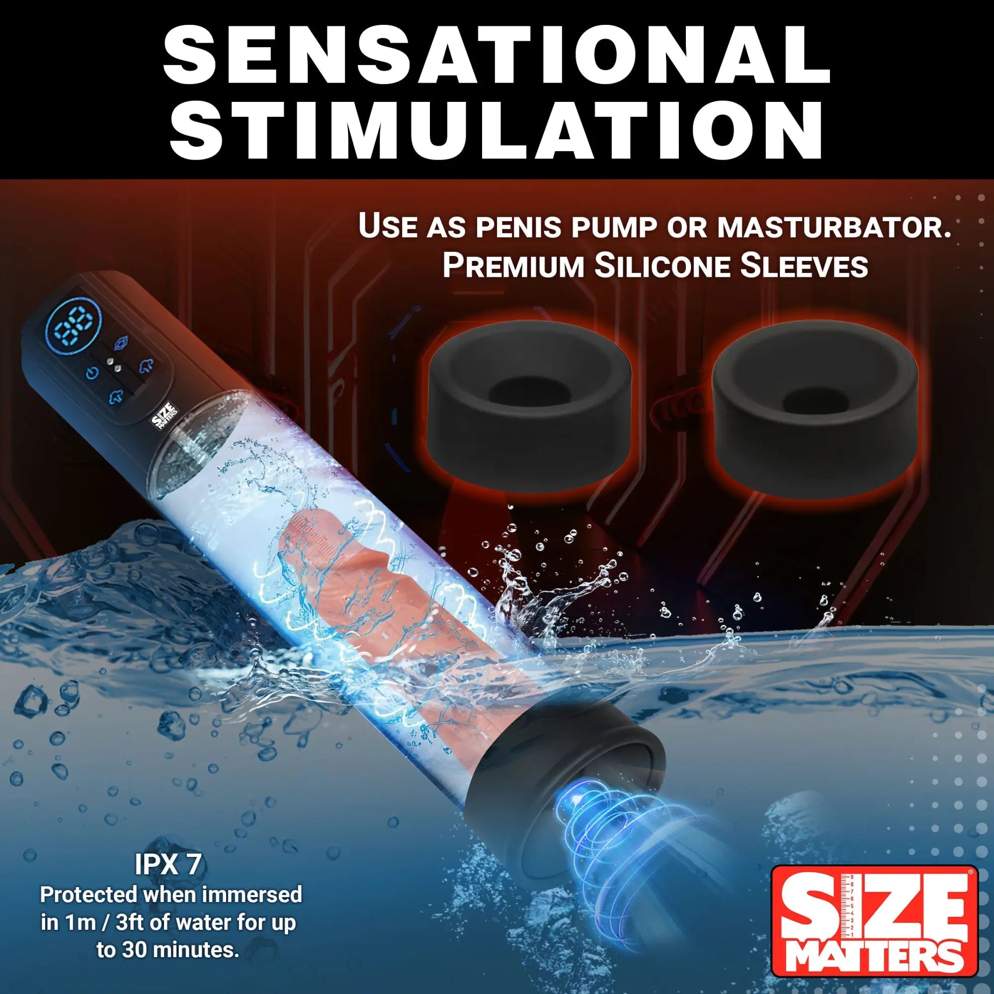 Size Matters digital penis pump in water, featuring a clear cylinder, black base with display, and two silicone sleeves.