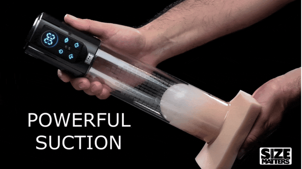 Hands holding a Size Matters penis pump with a clear cylinder, beige sleeve, and a black digital display.