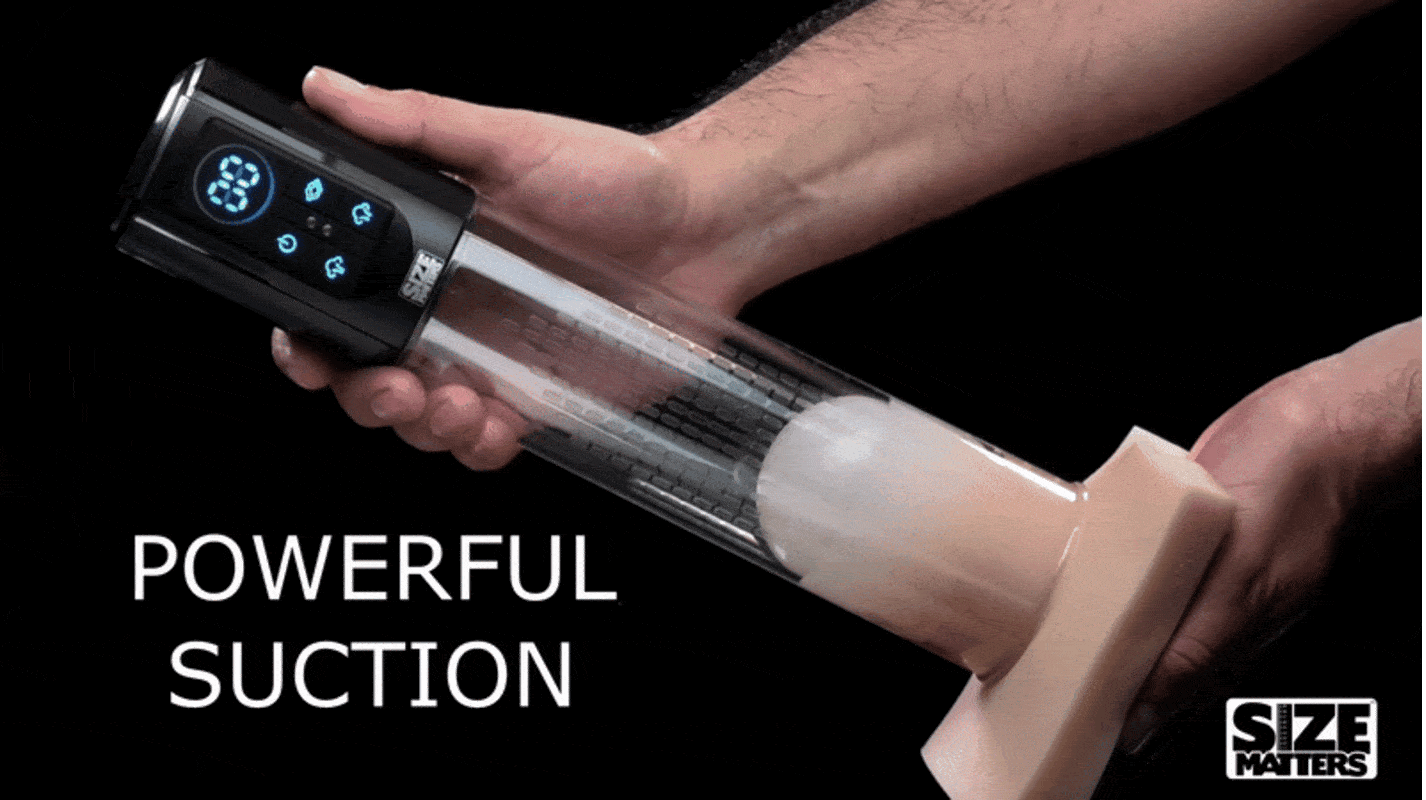 Hands holding a Size Matters penis pump with a clear cylinder, beige sleeve, and a black digital display.
