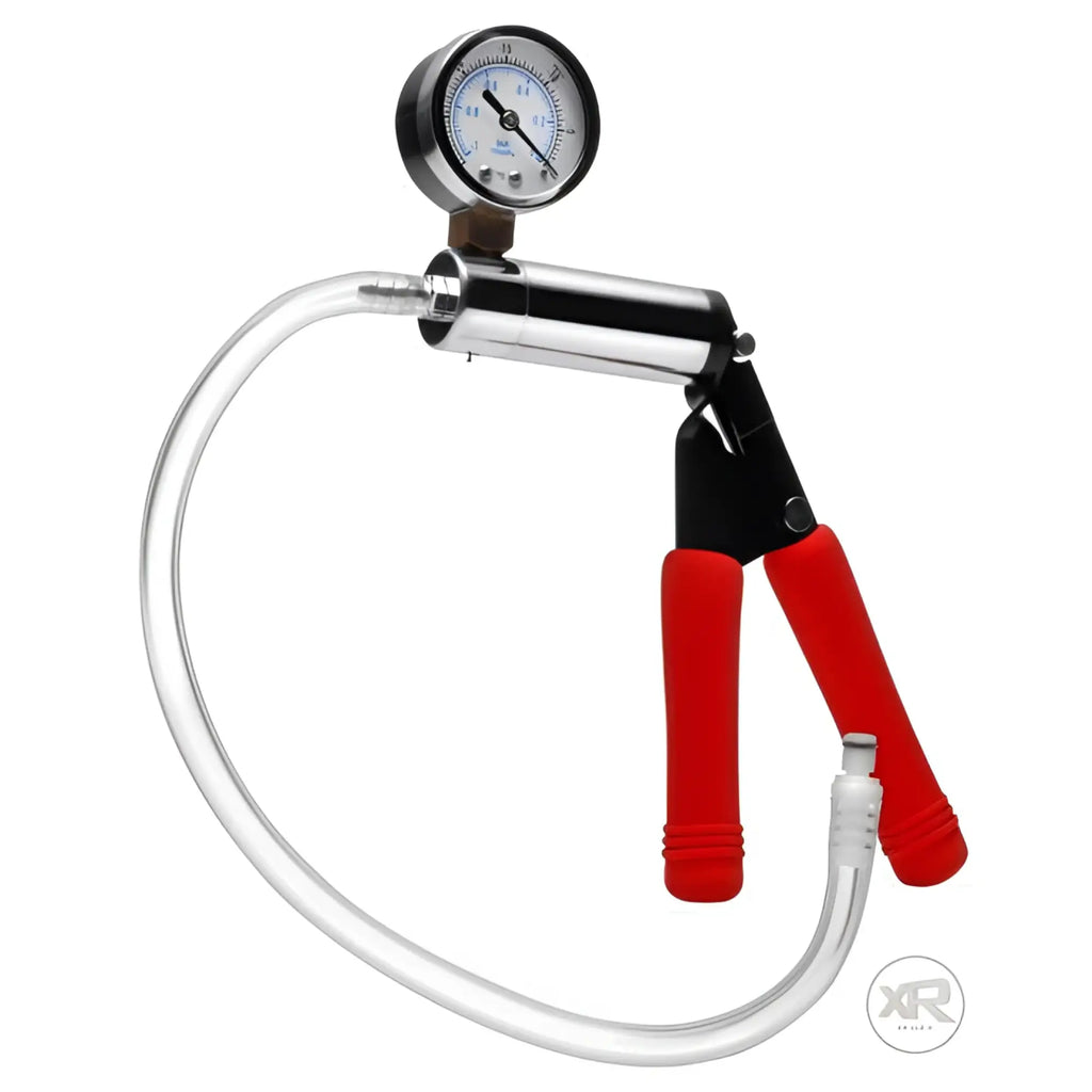 Size Matters Super Deluxe Pumping Kit with chrome pump, pressure gauge, and red handle grips on a white background.