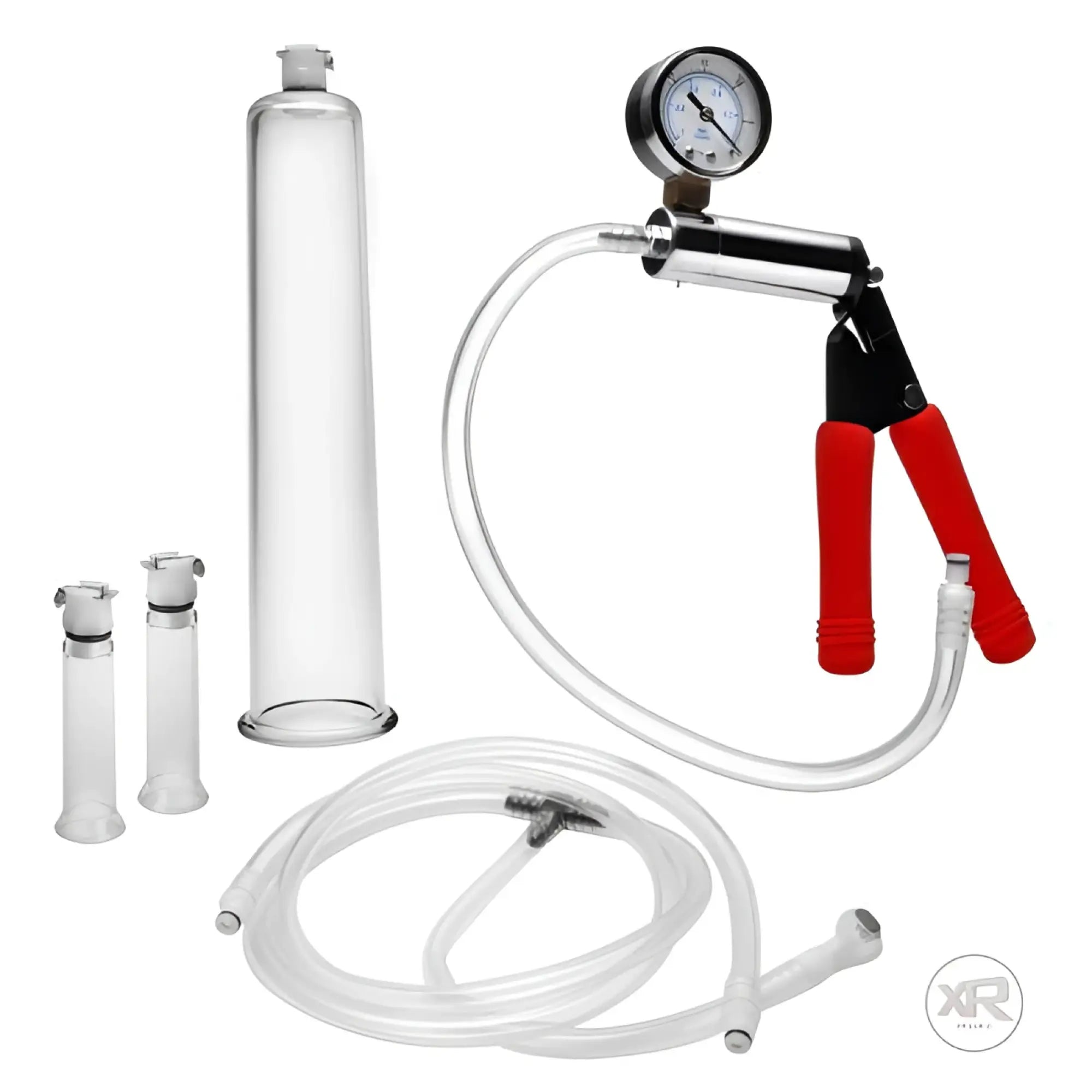Size Matters Super Deluxe Pumping Kit with clear cylinders, a vacuum pump with a pressure gauge, and silicone tubing.
