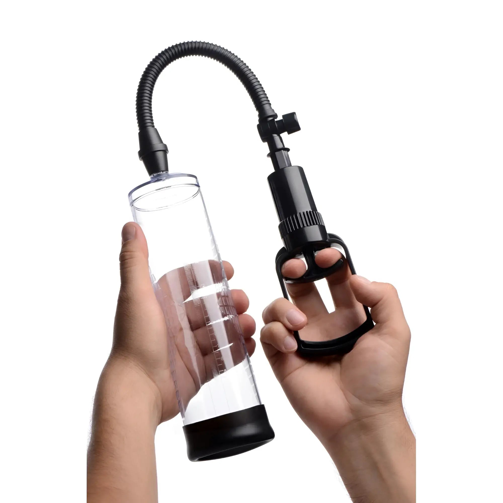 Size Matters Trigger penis pump with a clear, marked cylinder, black base, and a hand-operated trigger pump handle.