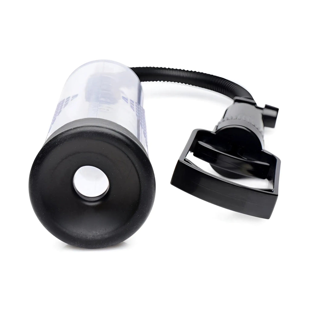 Size Matters Trigger Penis Pump: Clear cylinder with measurement markings, black base, and a black trigger-style hand pump.