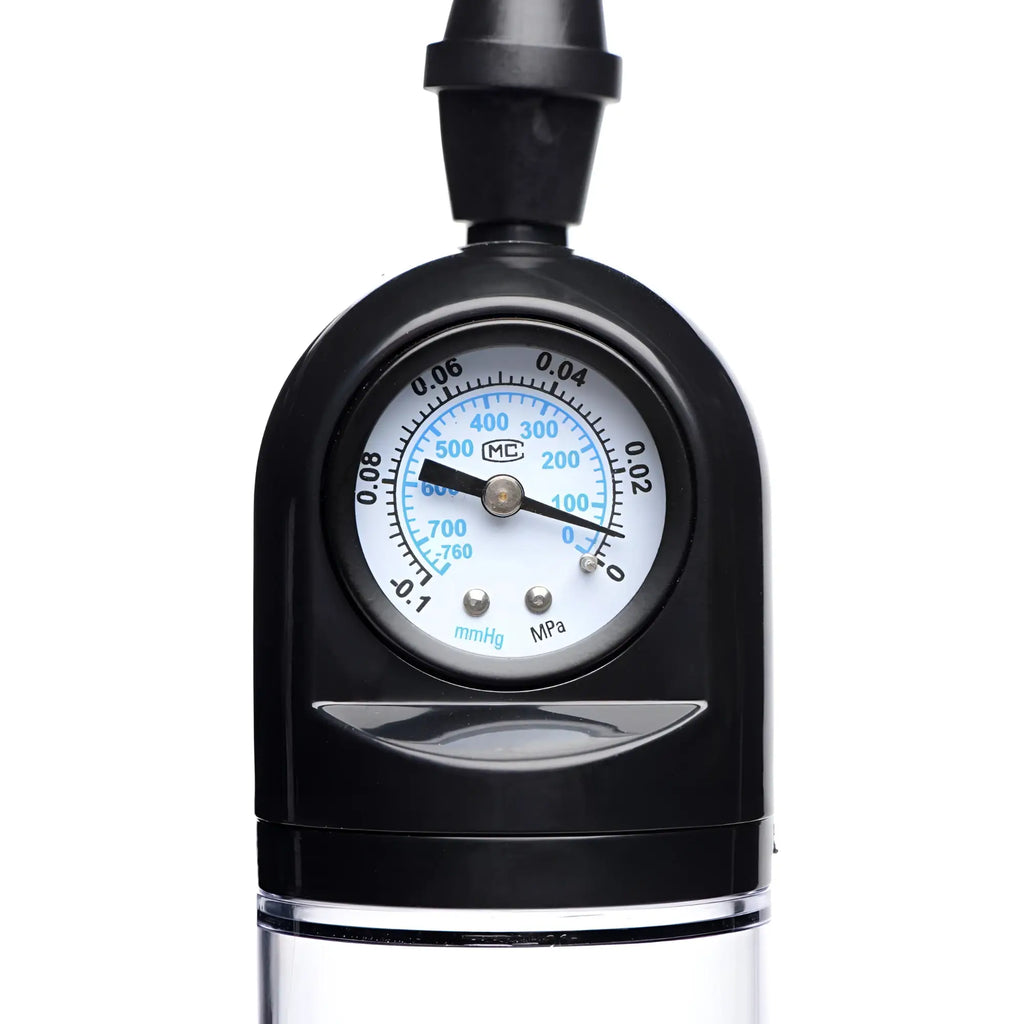 Size Matters Trigger Penis Pump in black with a clear cylinder and a white, detailed analog pressure gauge.
