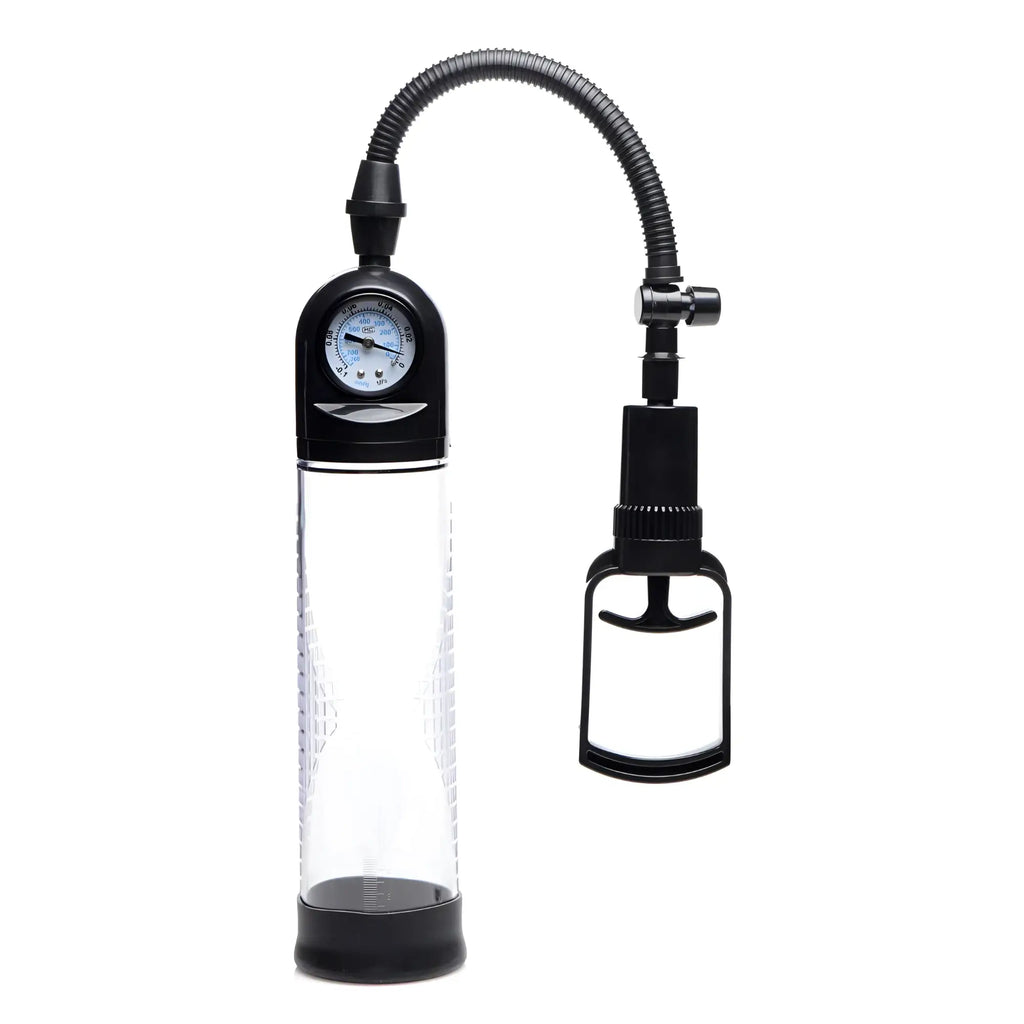 Size Matters Trigger penis pump with a clear cylinder, black accents, and a built-in analog pressure gauge.