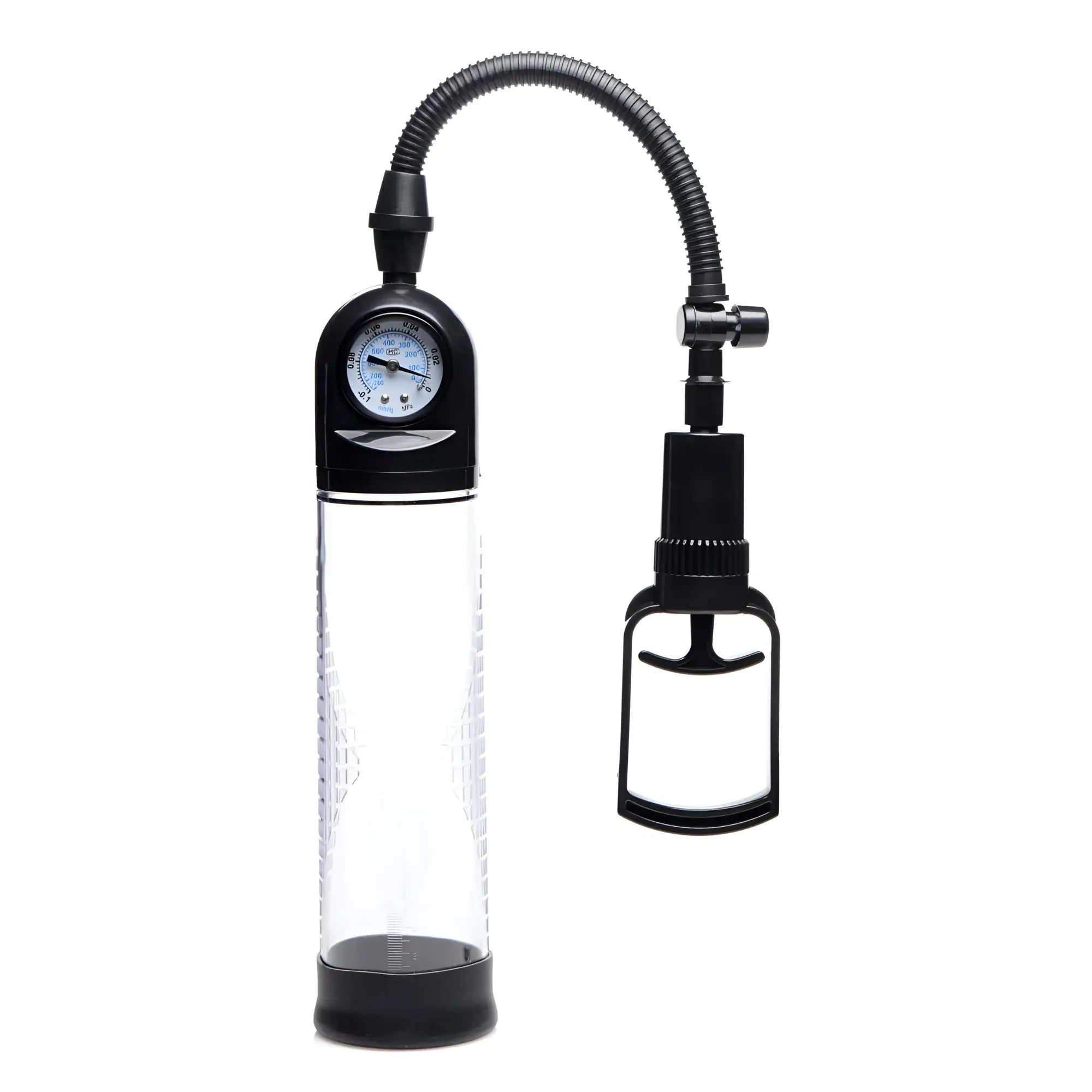Size Matters Trigger penis pump with a clear cylinder, black accents, and a built-in analog pressure gauge.