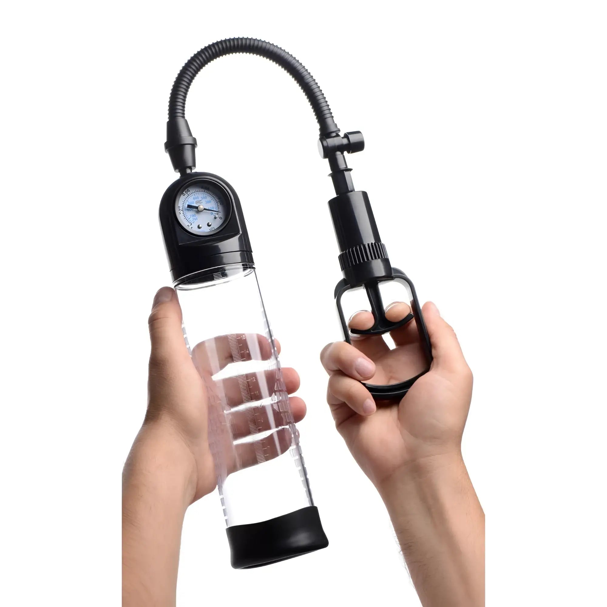 Size Matters penis pump with clear graduated cylinder, black trigger handle, and integrated pressure gauge.
