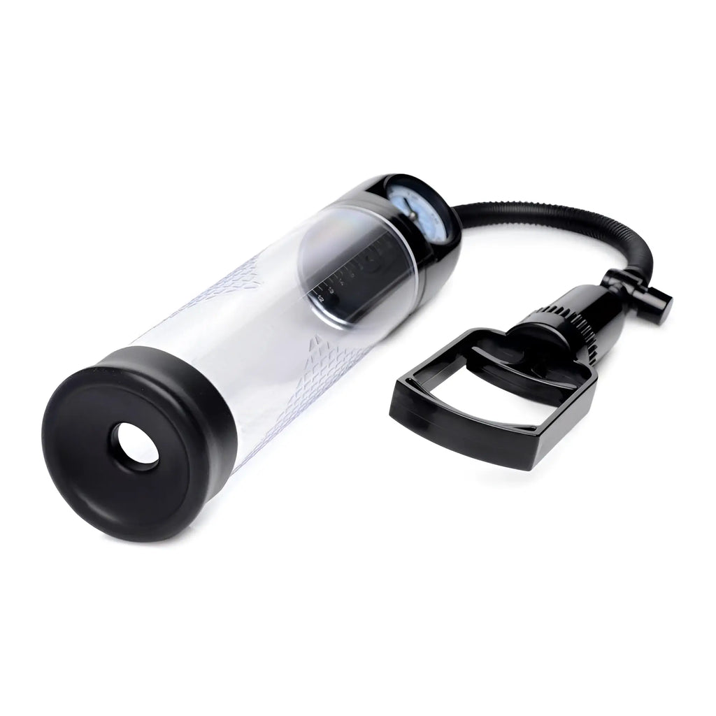 Size Matters Trigger pump with clear cylinder, black base, attached hose, and integrated pressure gauge on white.