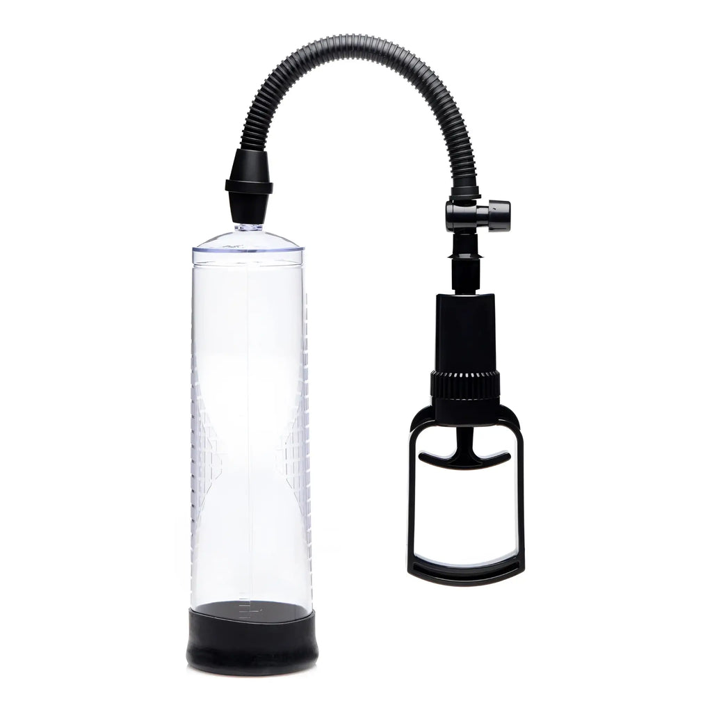 Size Matters Trigger penis pump with a clear cylinder, black base, and black trigger-style manual vacuum handle.