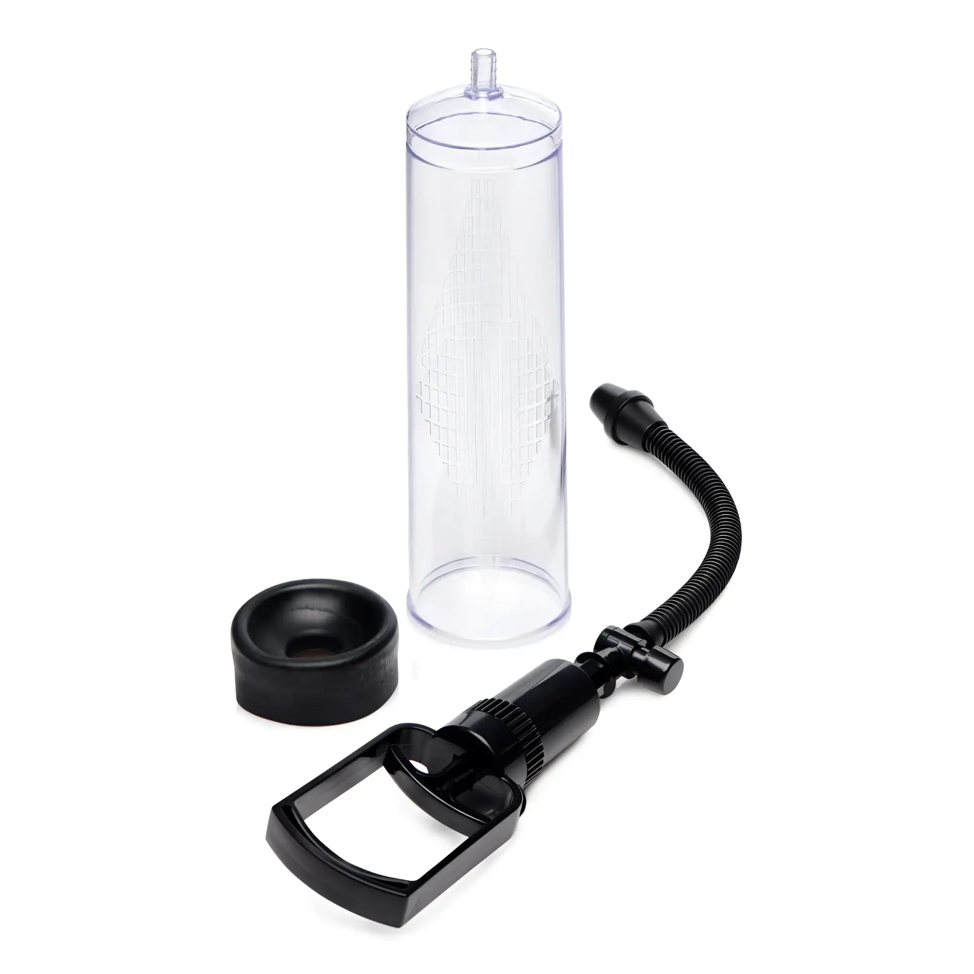 Size Matters Trigger Penis Pump includes a clear cylinder with measuring marks, black trigger pump, and silicone gasket.