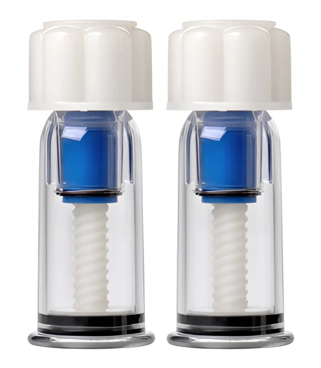 Two Size Matters Twist Up Nipple Suckers featuring clear cylinders, white twist-top caps, and internal blue mechanisms.